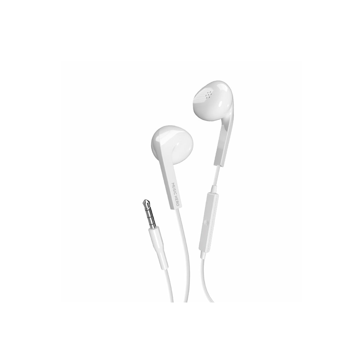Auriculares con cable blancos con micrófono y conector jack de 3,5 mm sobre fondo blanco.