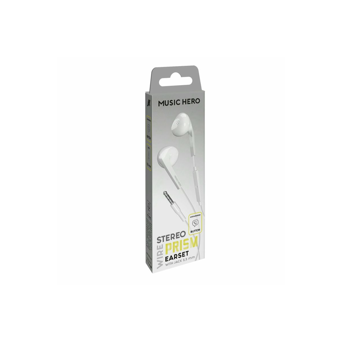 Embalaje de auriculares blancos Music Hero Stereo Prism con conector de 3,5 mm.