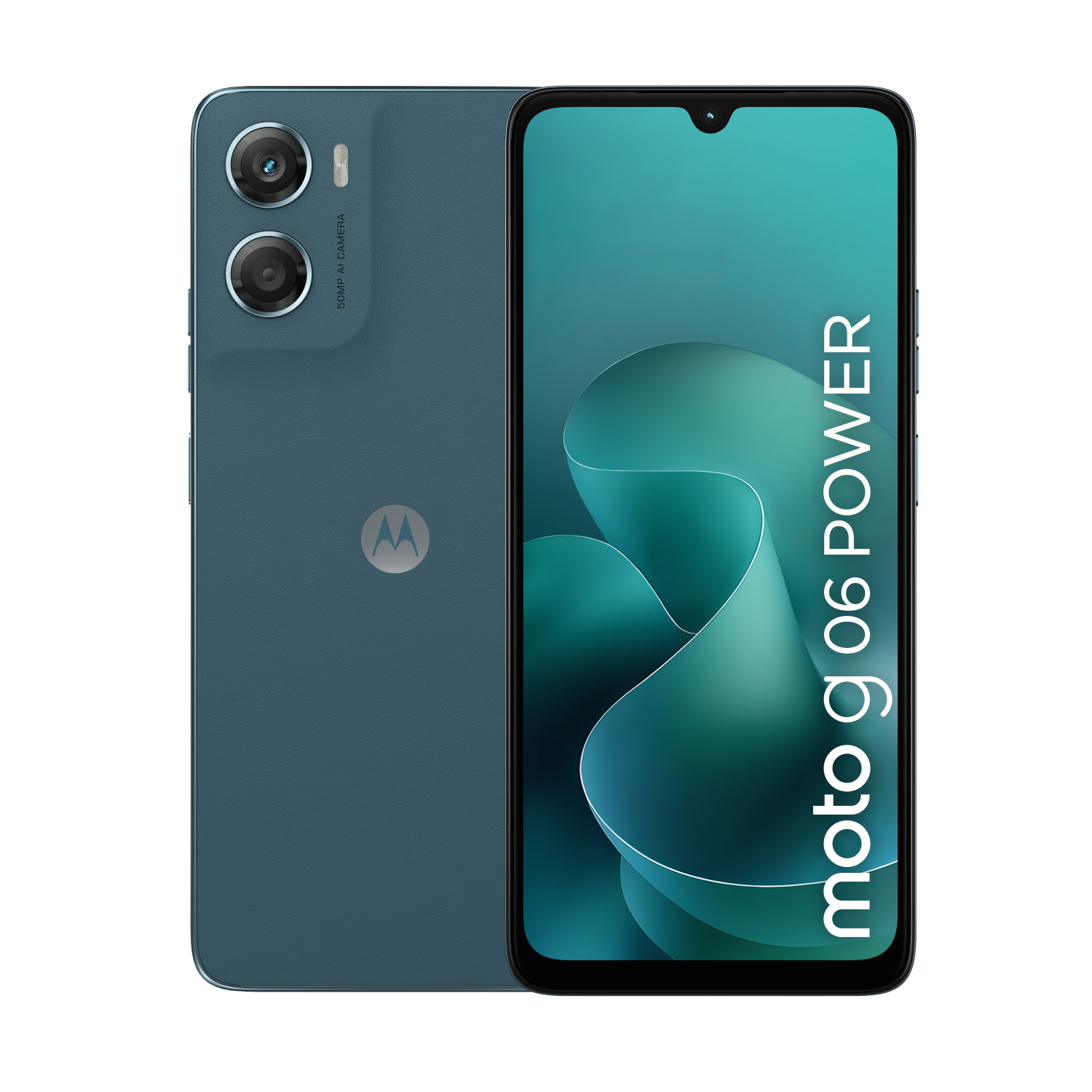 Voor- en achterkant van een blauwe Motorola Moto G06 Power smartphone met scherm en camera's.