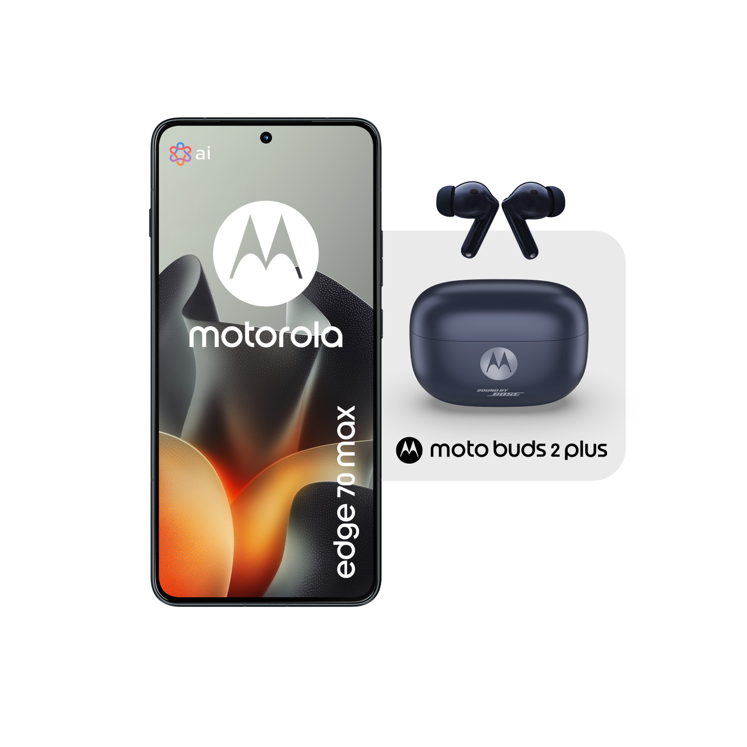 Smartphone Motorola Edge 70 Max e auricolari blu Moto Buds 2 Plus nella custodia su sfondo bianco.