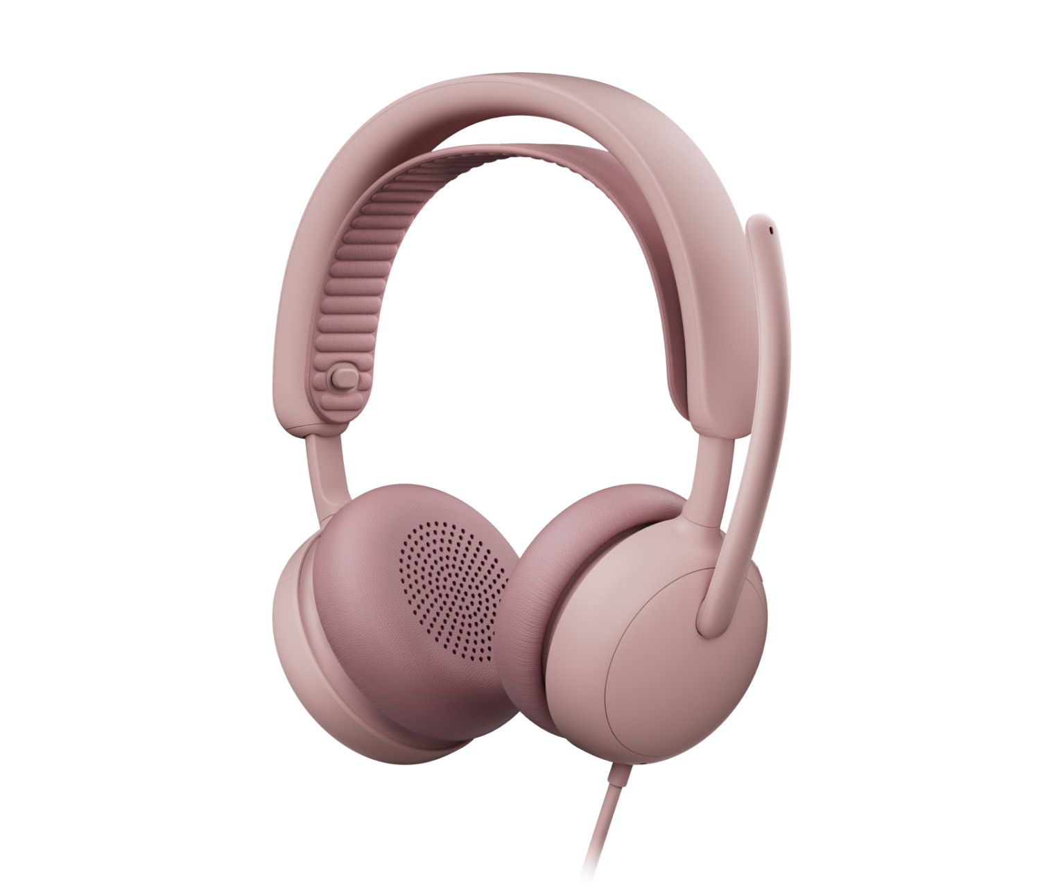 Eleganti cuffie over-ear rosa con microfono e archetto imbottito su sfondo bianco.
