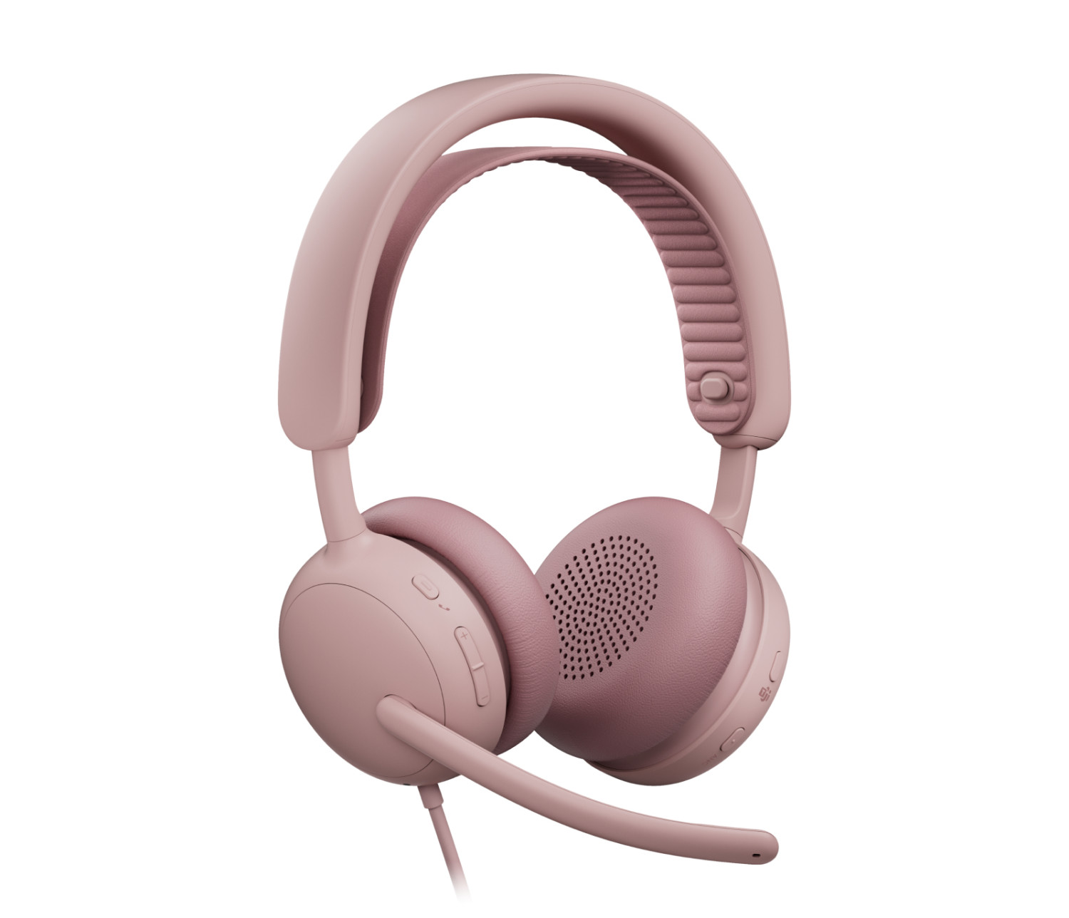 Eleganti cuffie on-ear rosa con microfono e archetto imbottito su sfondo bianco.