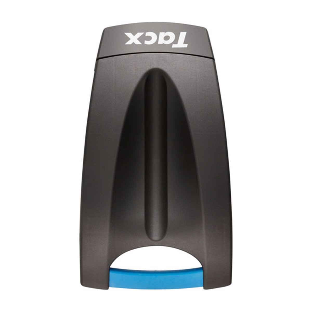 Ein grauer Tacx Vorderradhalter mit weißer Schrift und einem blauen Griff.