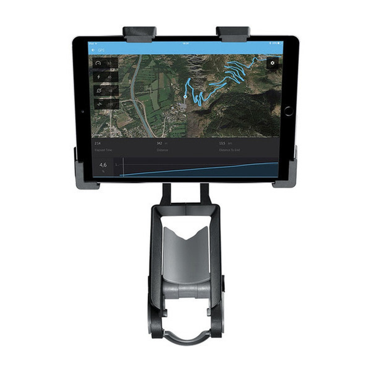 Un tablet in un supporto mostra una mappa GPS con un percorso blu e dati.