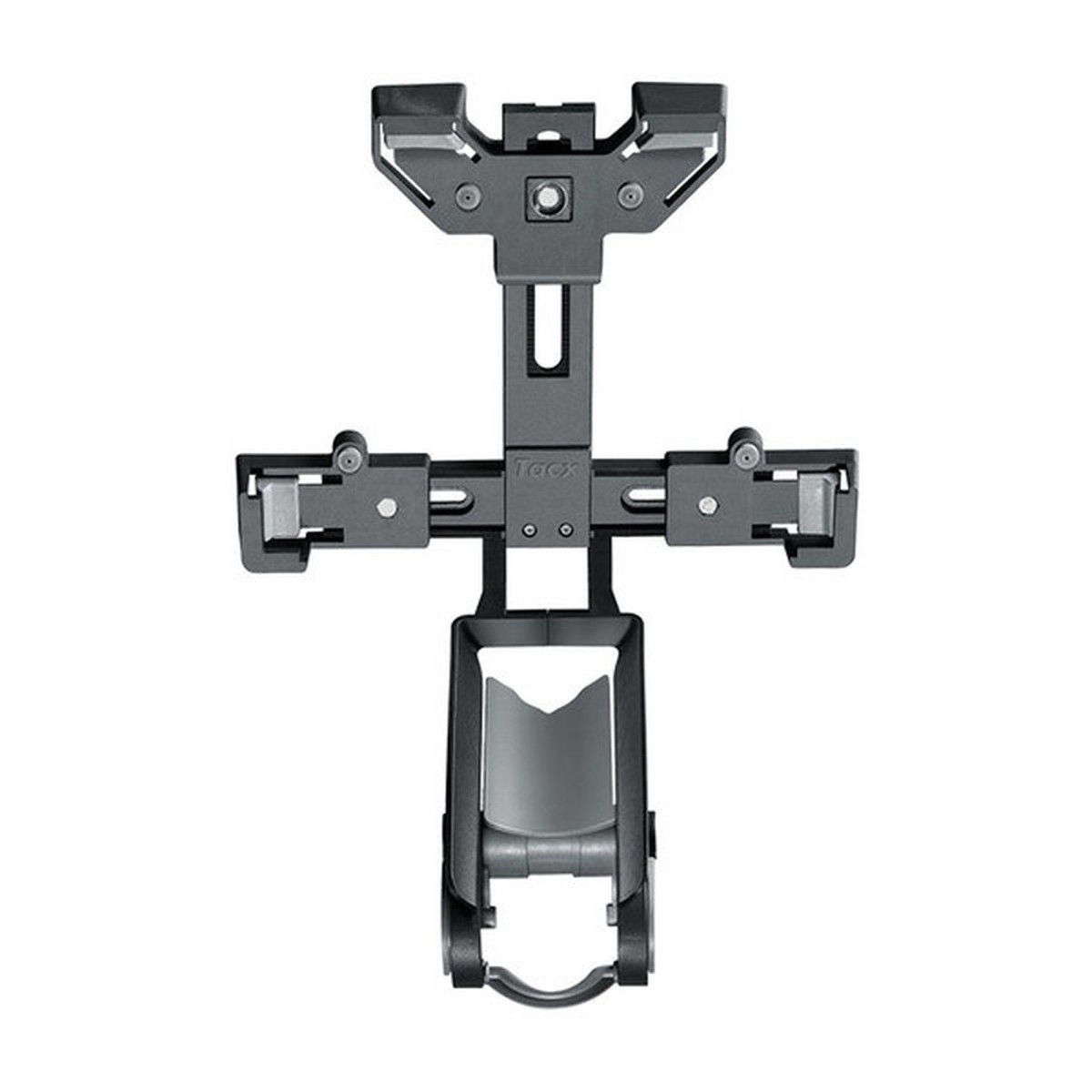 Un supporto per tablet Tacx nero con morsetti regolabili su sfondo bianco.