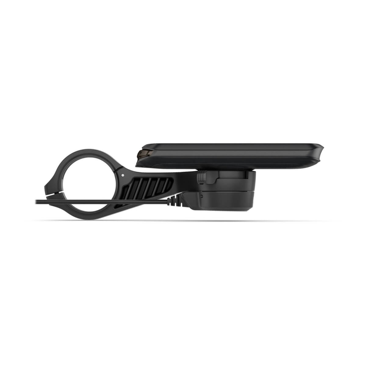 Supporto per manubrio di bicicletta nero con dispositivo elettronico attaccato, visto di lato.