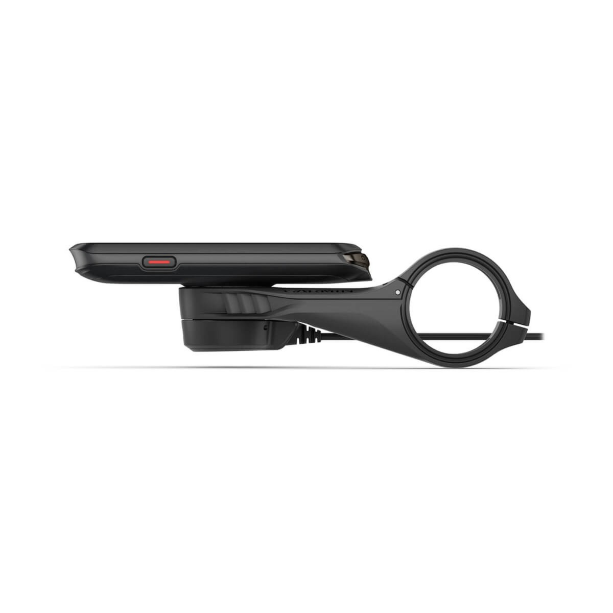 Un ciclocomputer nero montato su supporto per manubrio, visto di lato su sfondo bianco.