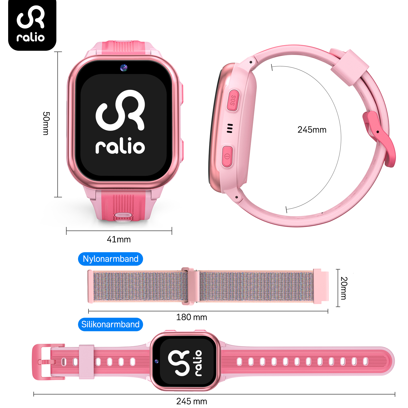 Rosa ralio Kinder-Smartwatch mit Maßen, Nylon- und Silikonarmbändern.