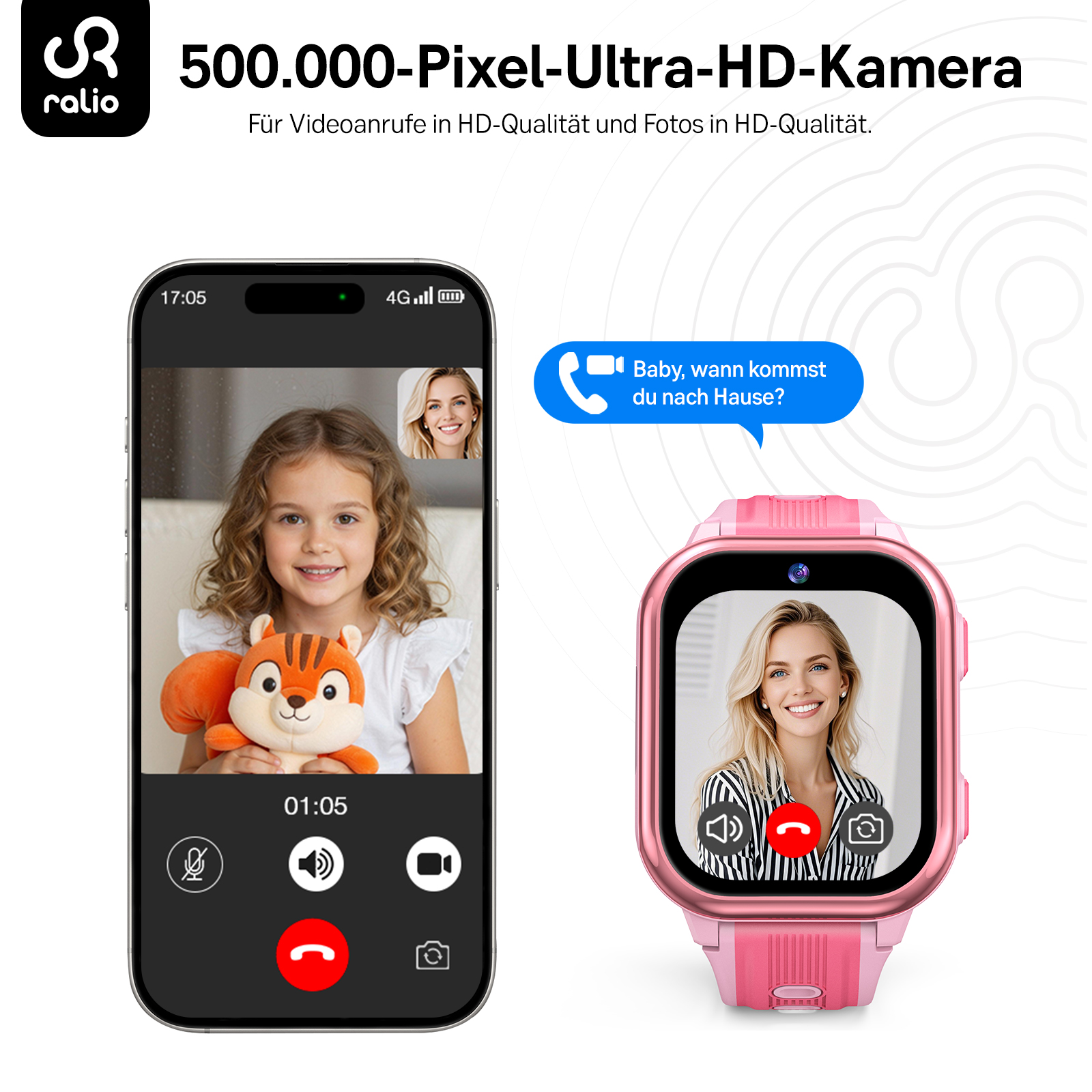 Smartphone und pinke Kinderuhr zeigen im Videoanruf eine Mutter und ein Kind.
