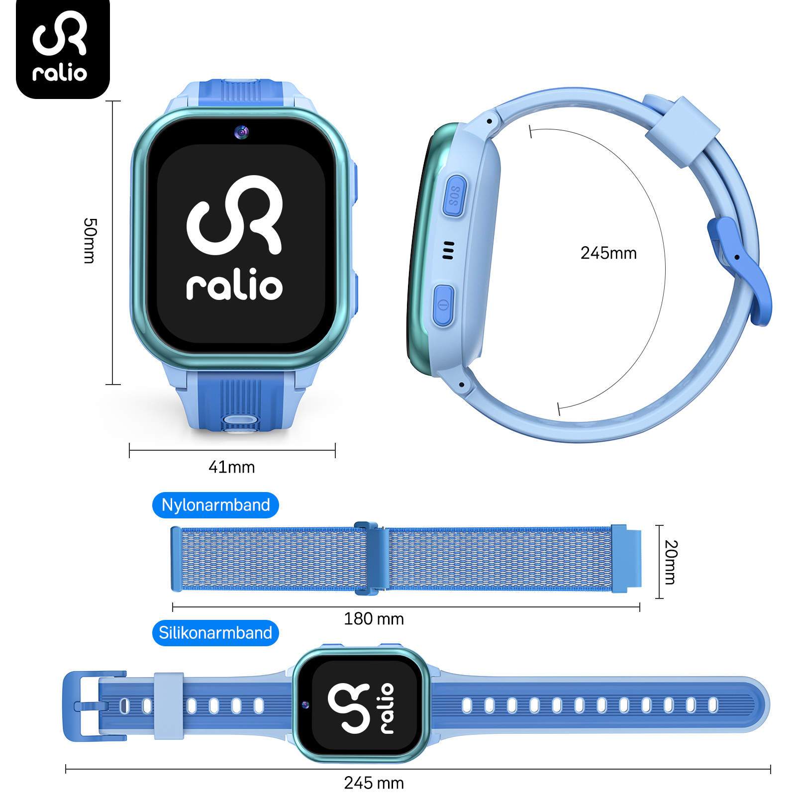 Technische Zeichnung einer blauen Kinder-Smartwatch mit Maßen für Gehäuse, Nylon- und Silikonarmband.