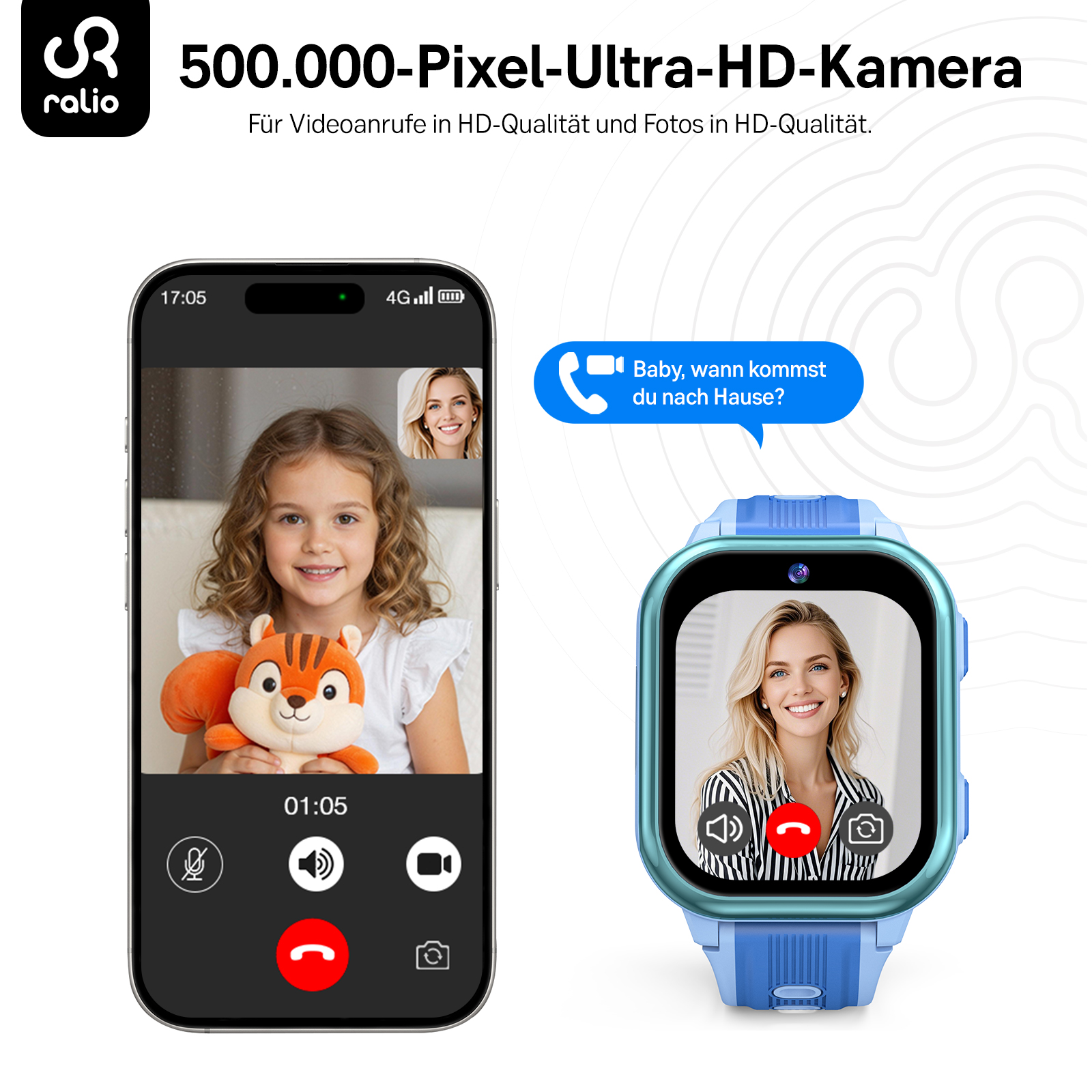 Smartphone und Kinderuhr zeigen Videoanrufe in HD-Qualität mit Kamera.