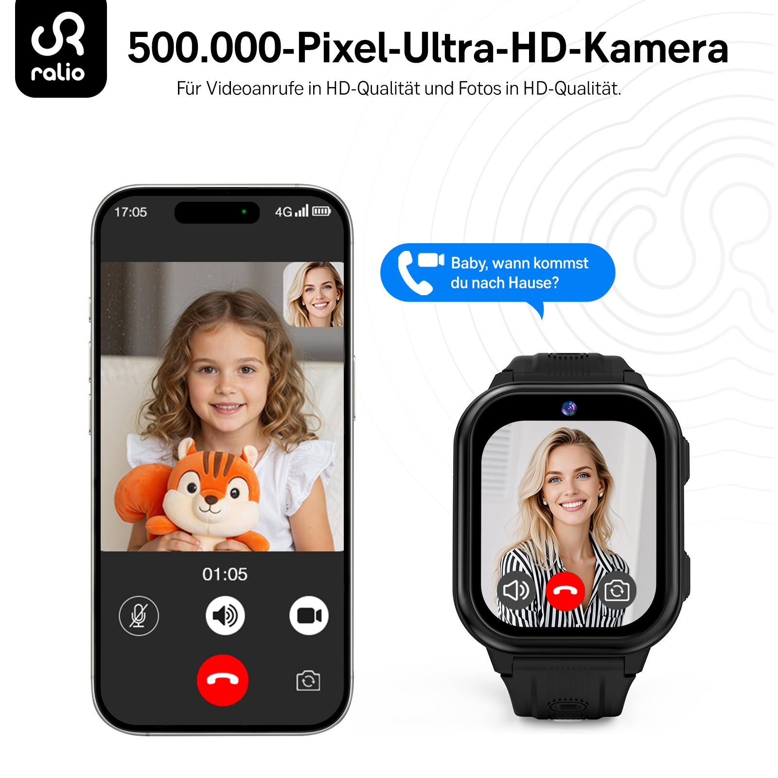 Smartphone und Smartwatch zeigen eine Videokonferenz mit einem Kind, einer Frau und einem Stofftier.