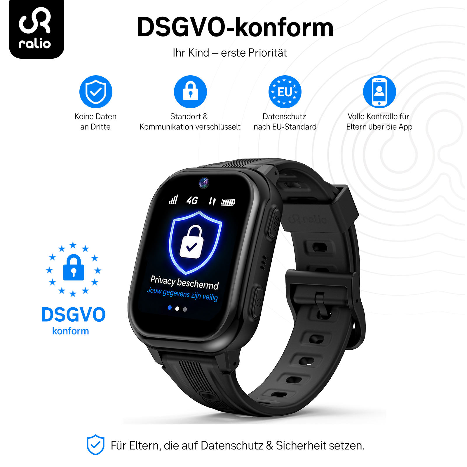 Eine schwarze Kinder-Smartwatch mit Datenschutzfunktionen und DSGVO-Konformitätssymbolen.