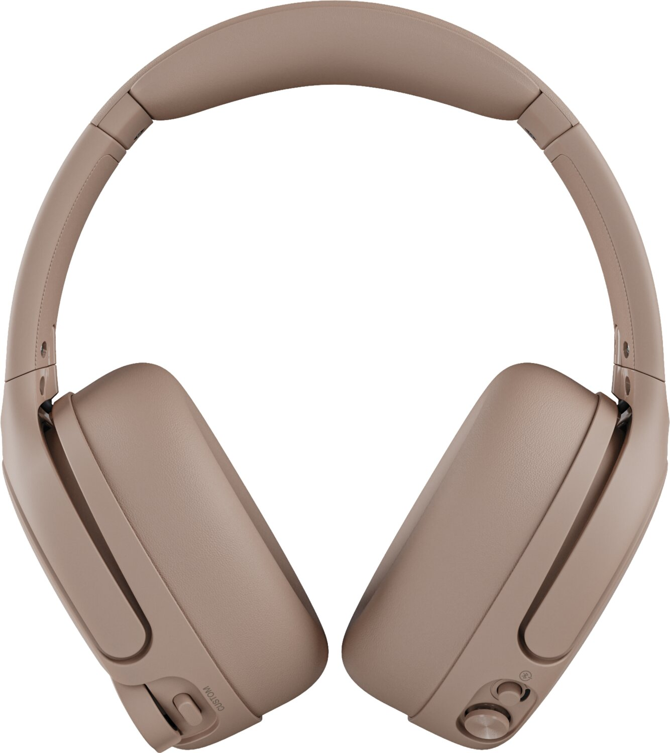 Auriculares supraaurales de color beige con diadema acolchada y orejeras sobre fondo blanco.