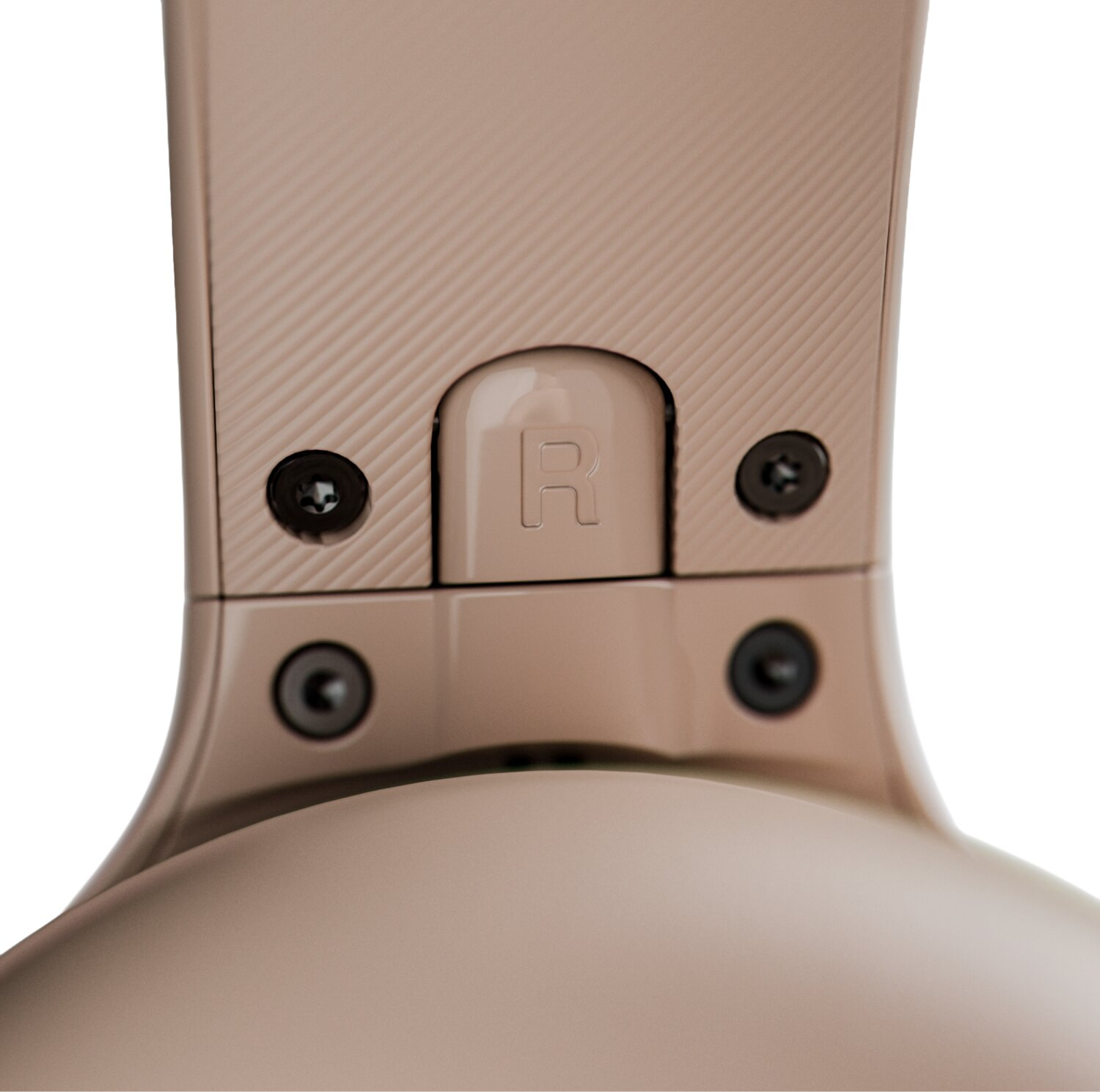 Primer plano de unos auriculares beiges con cuatro tornillos y una R en relieve.