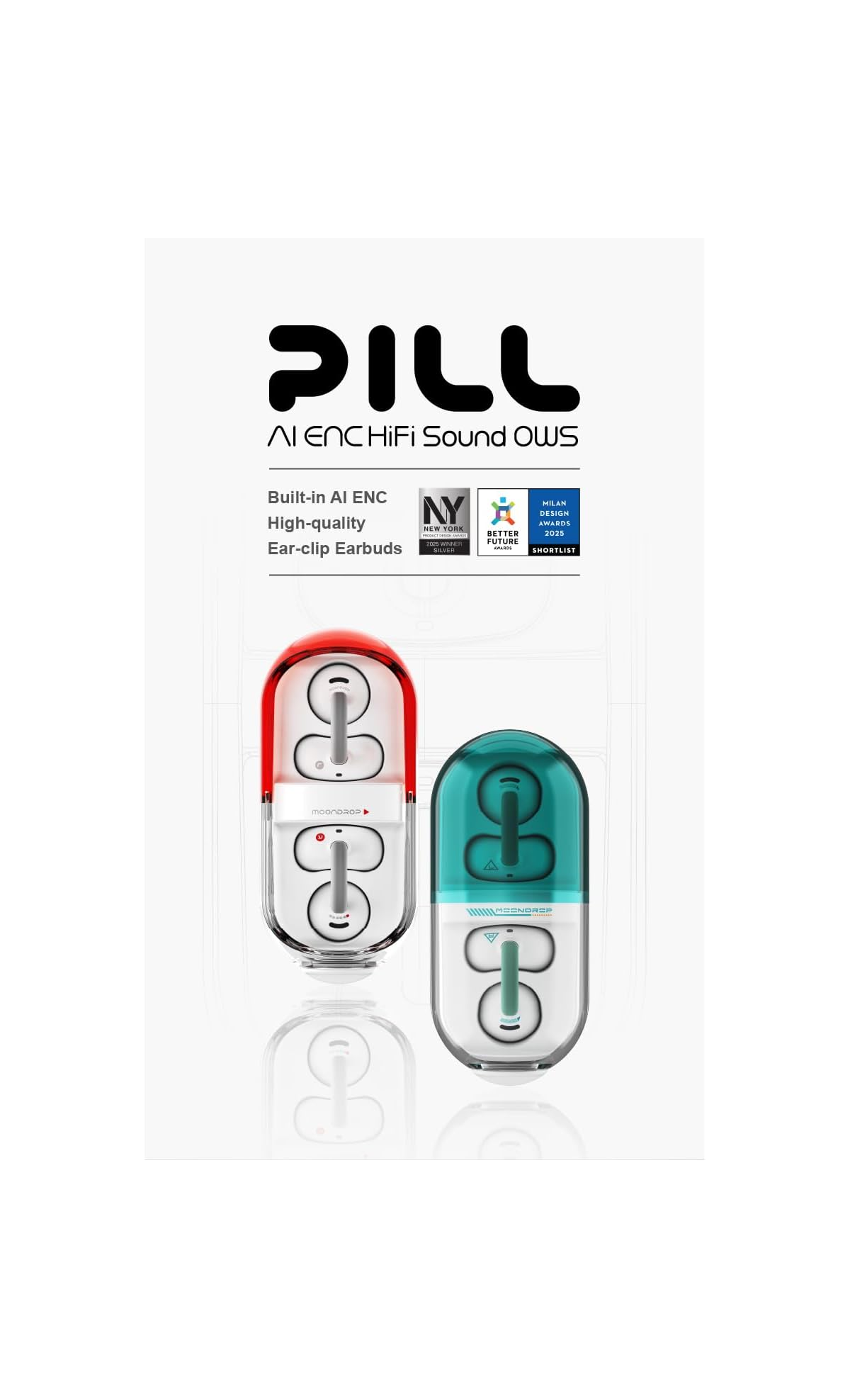 Werbebild für PILL AI ENC HiFi Sound OWS Ohrhörer mit roten und blauen Ear-Clip Modellen.