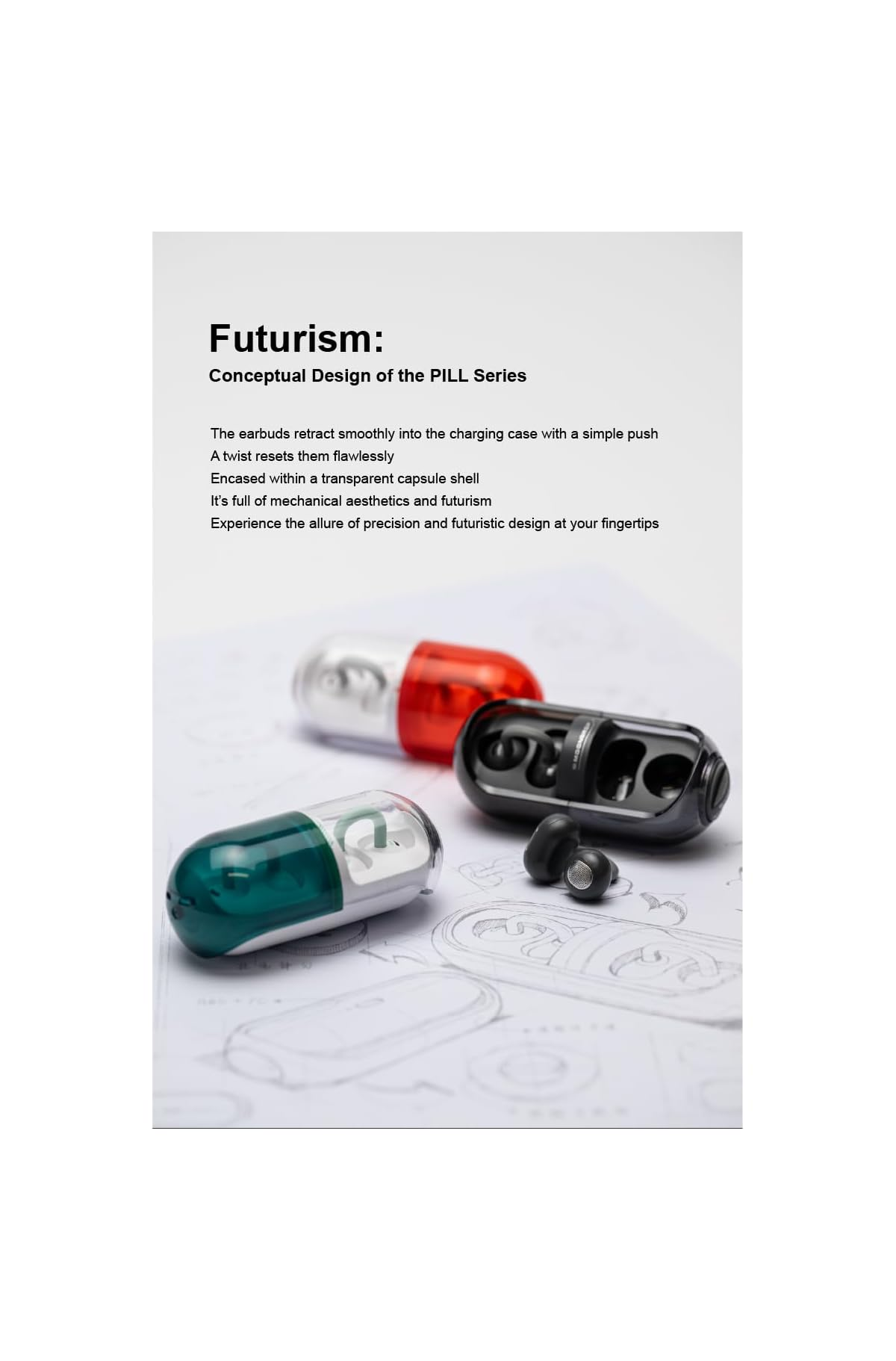 Futuristisches Produktdesign von pillenförmigen Ladeetuis für Ohrhörer auf Skizzenpapier.