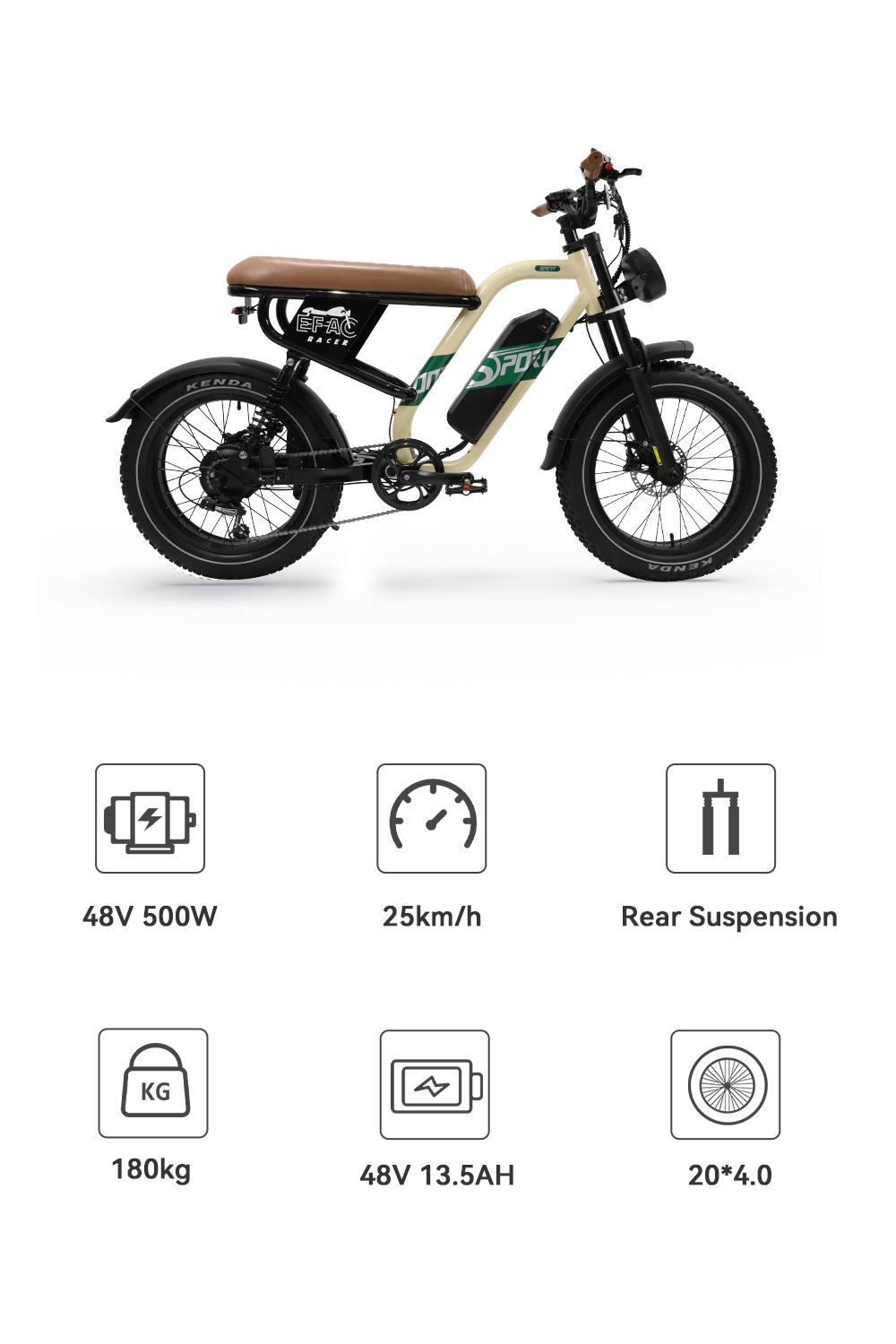 Bicicleta eléctrica de neumáticos anchos en beige y negro con asiento marrón y seis iconos de especificaciones debajo.