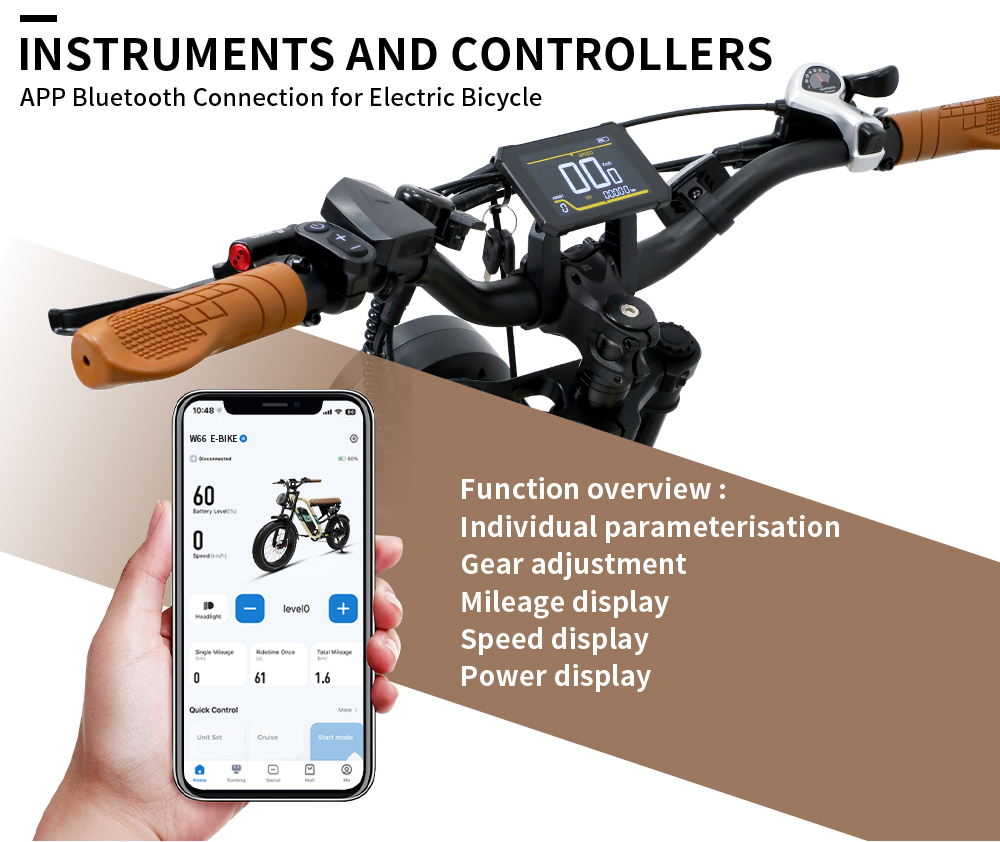 Manillar de e-bike con pantalla y un smartphone mostrando la app en una mano.