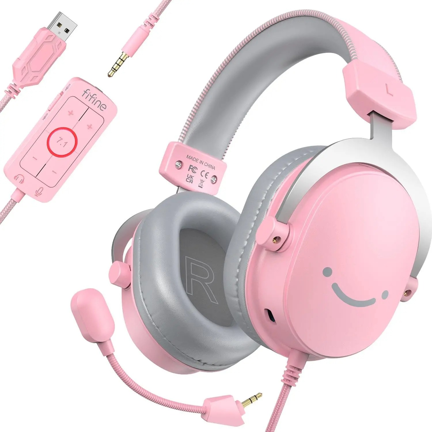 Cuffie da gioco rosa con cuscinetti grigi, microfono attaccato e un controller in linea con connettore USB.