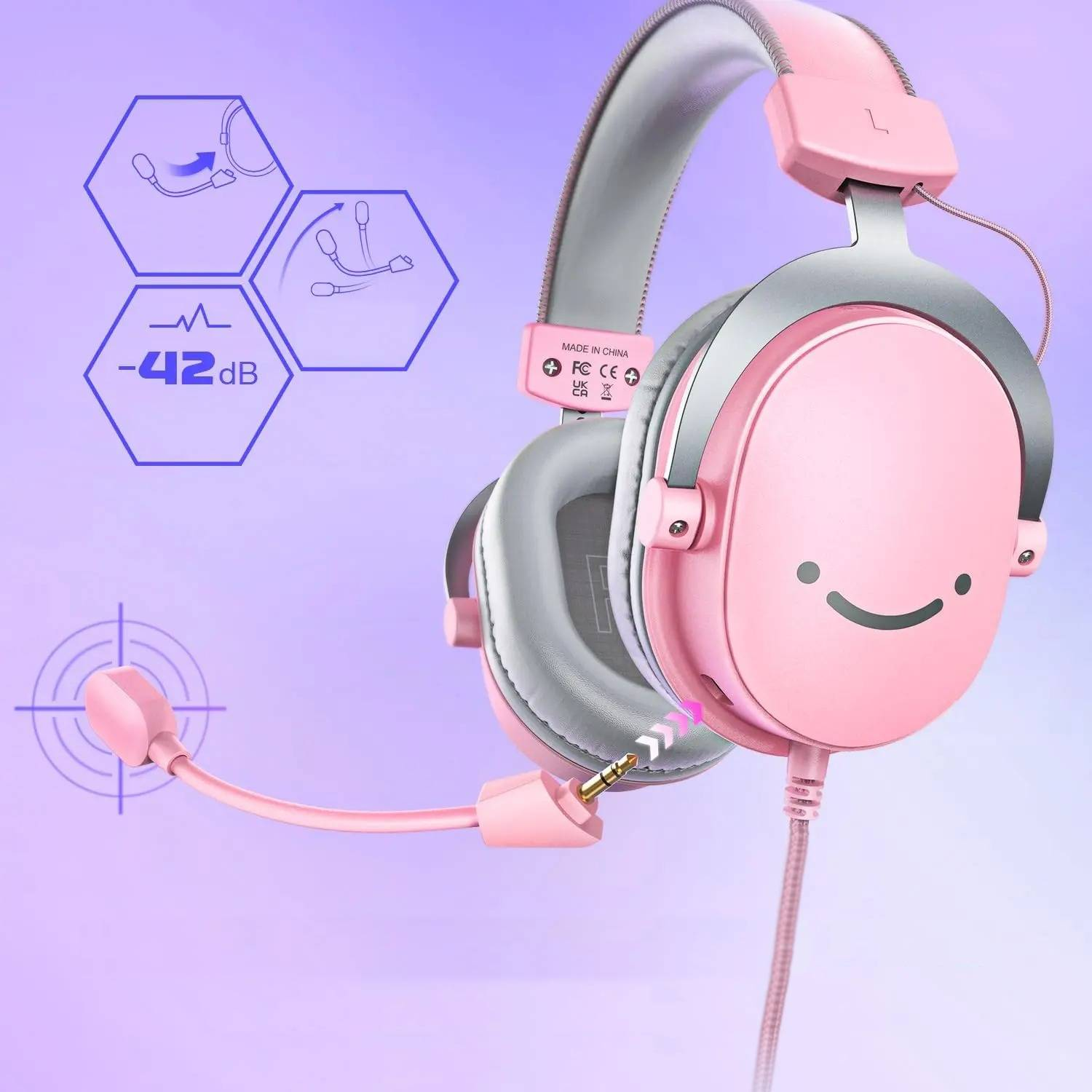 Cuffie da gioco cablate rosa e argento con microfono e faccina sorridente.