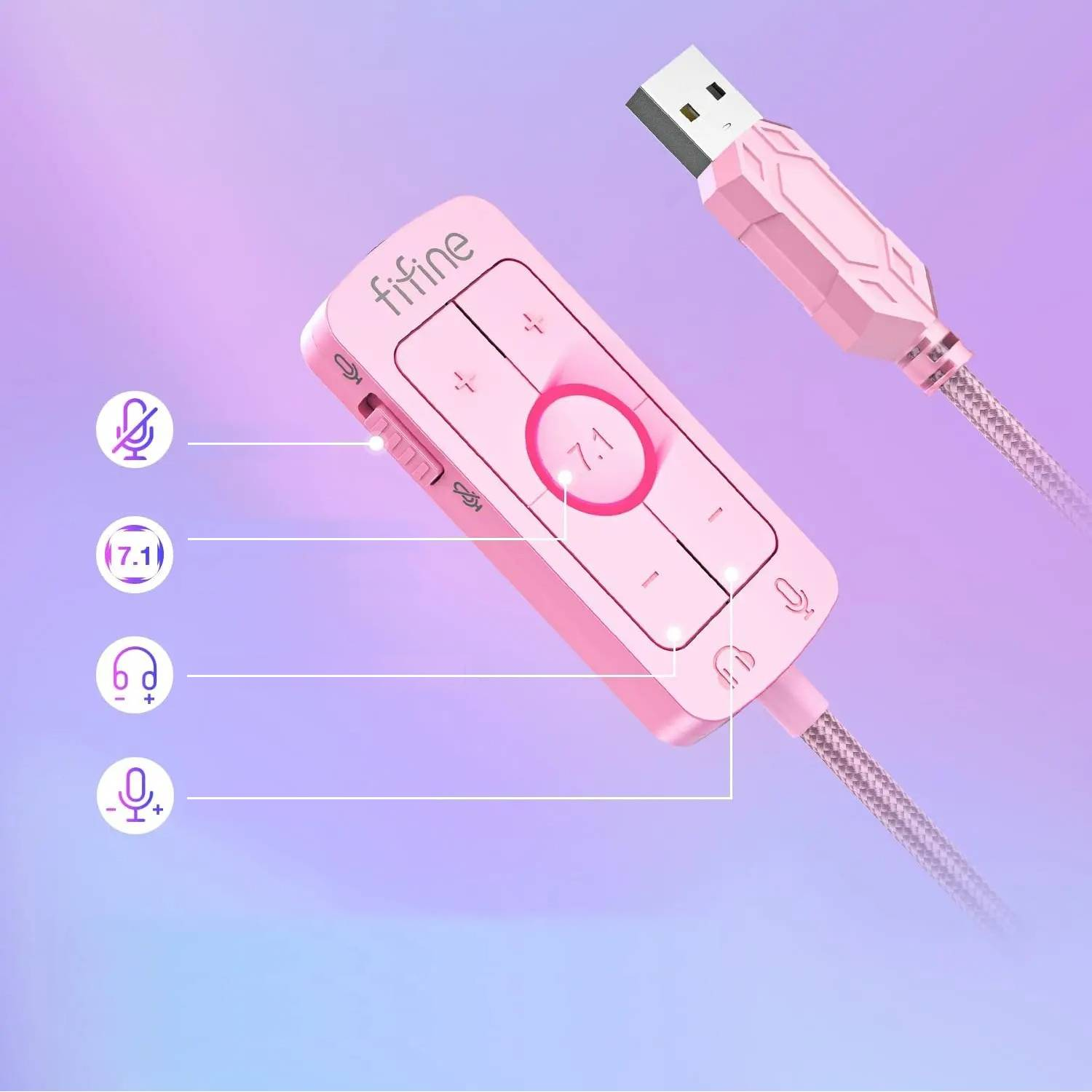 Un'unità di controllo audio USB Fifine rosa con cavo e icone su sfondo viola.