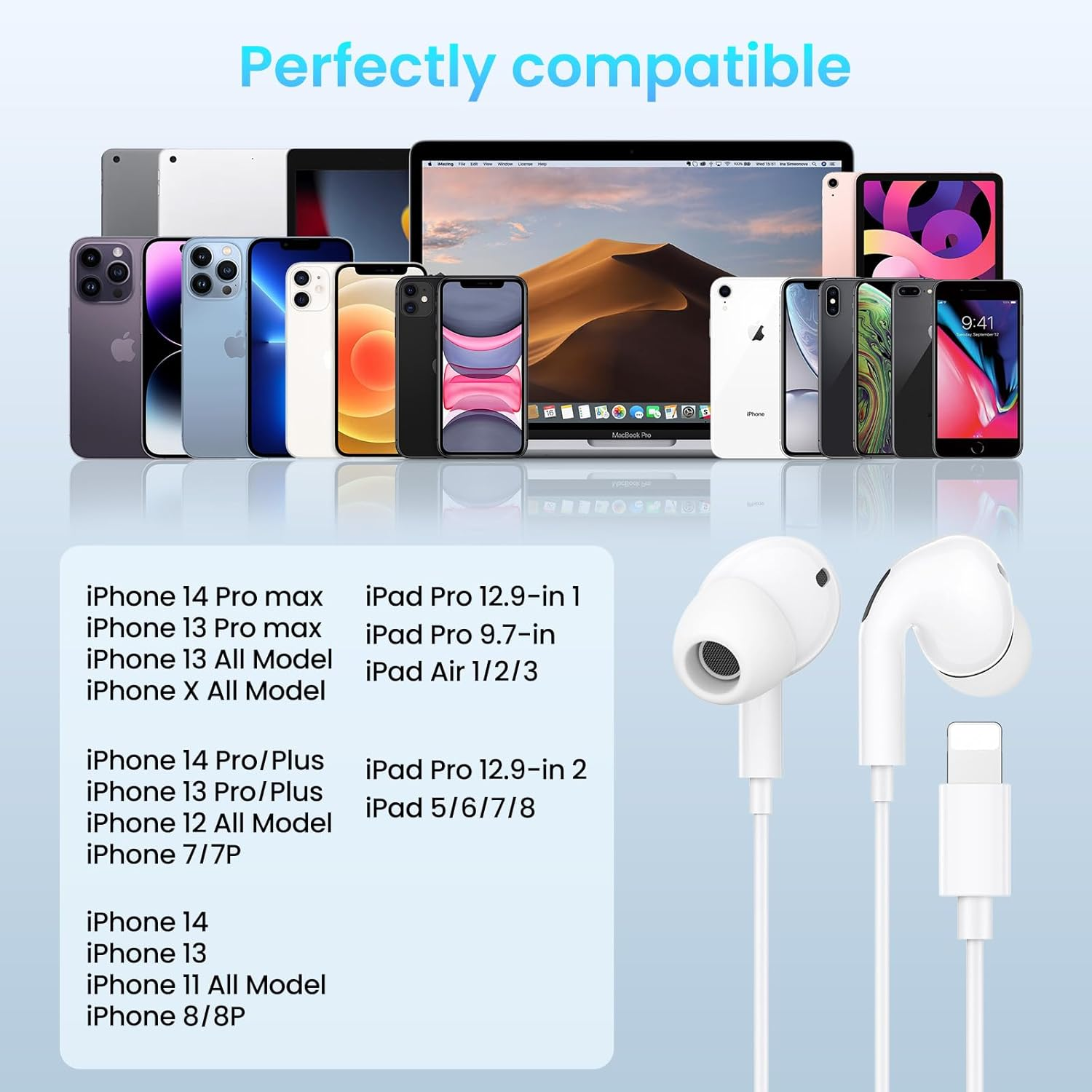 Verschiedene Apple-Geräte wie iPhones und iPads sowie weiße Kopfhörer mit dem Text "Perfectly compatible".