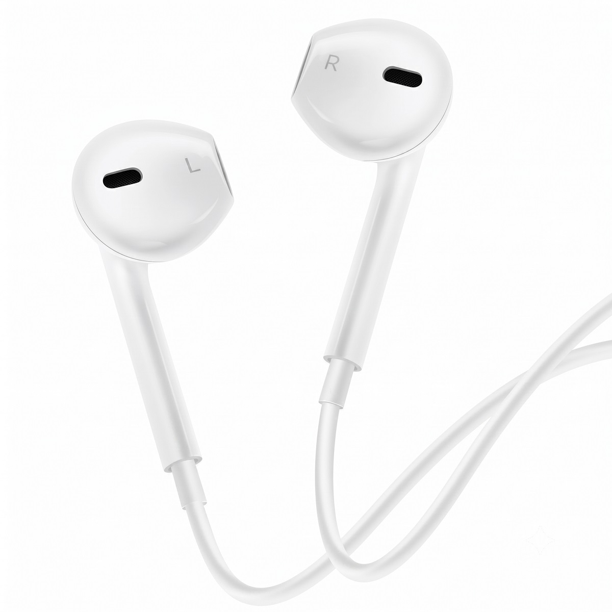 Auricolari con filo bianchi con contrassegni L e R su sfondo bianco.