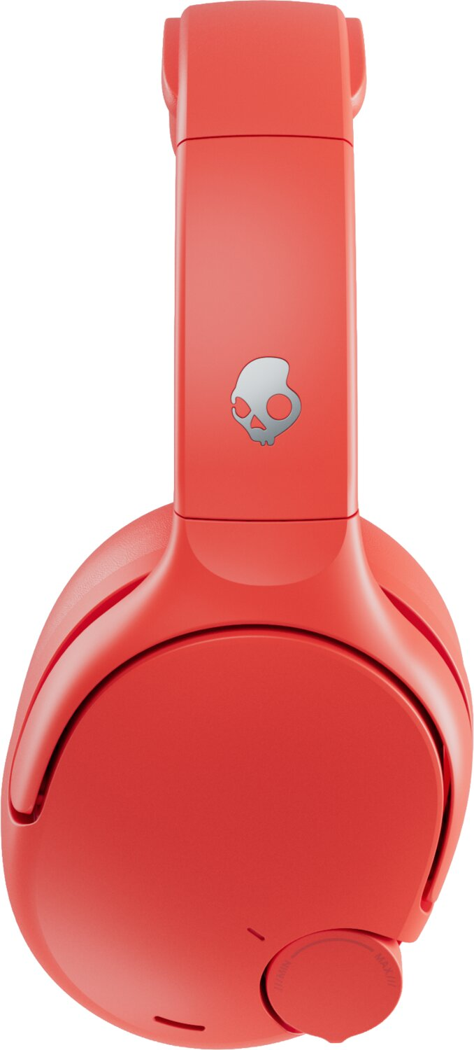 Auriculares supraaurales rojos con un logotipo de calavera en la diadema y un dial circular.