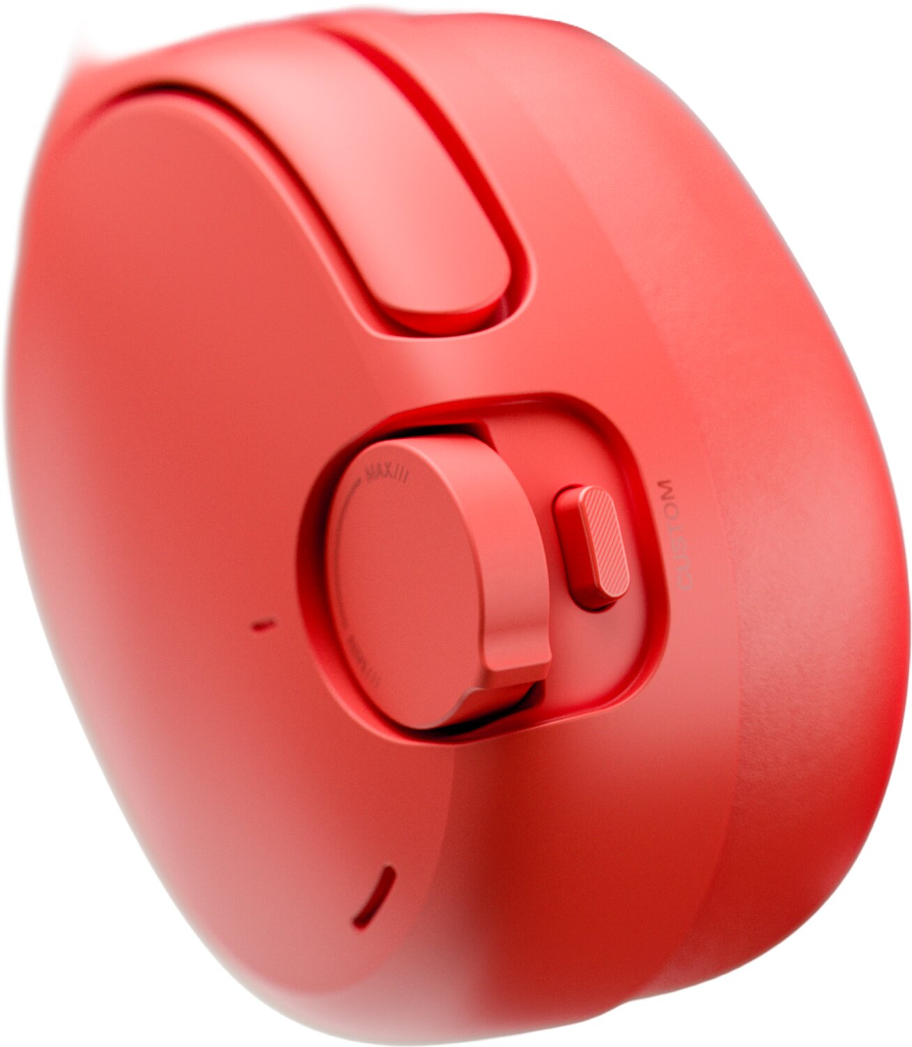 Primer plano de un ratón de ordenador rojo con una rueda de desplazamiento y botón.