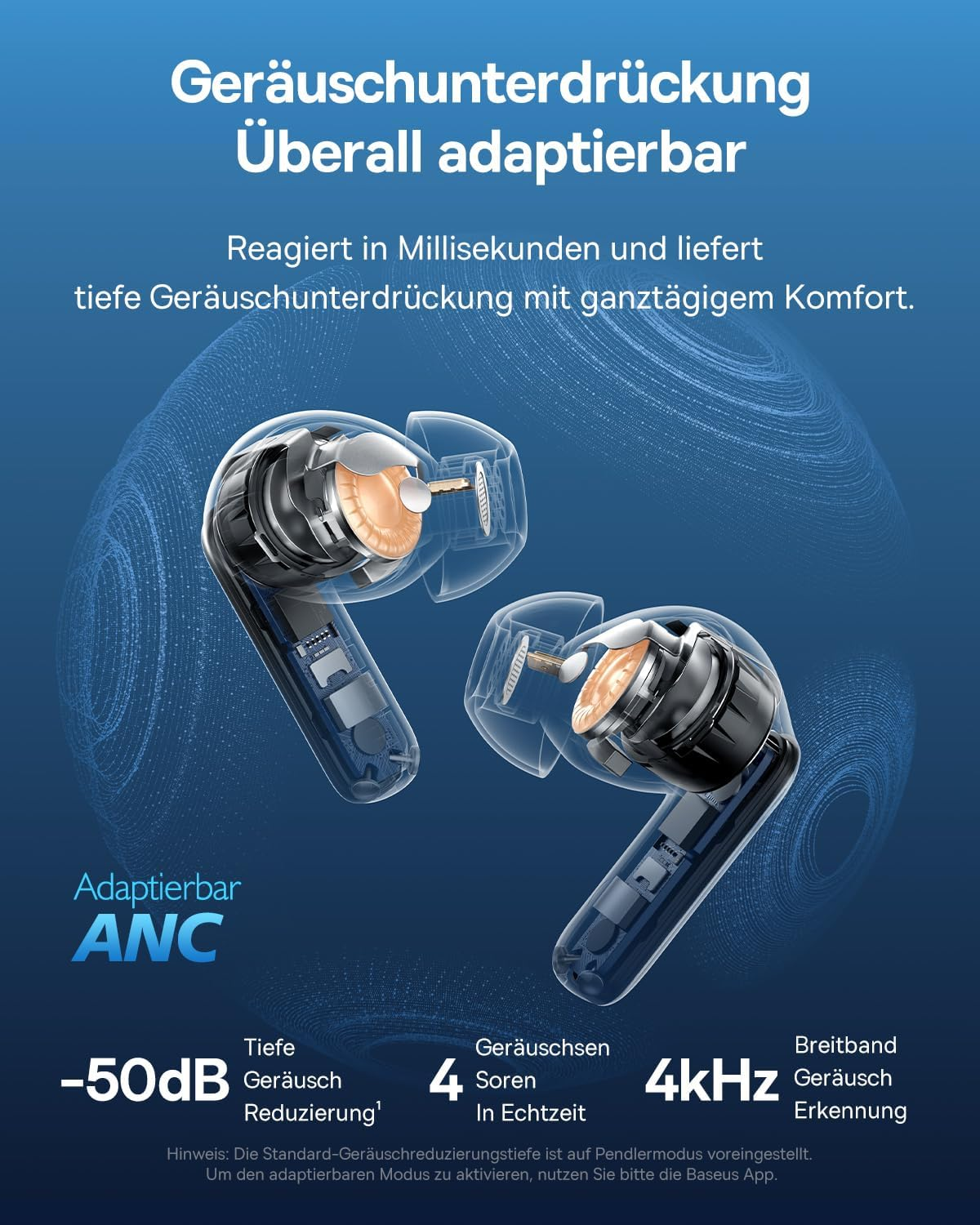 Transparente In-Ear-Kopfhörer mit adaptiver Geräuschunterdrückung und technischen Details.