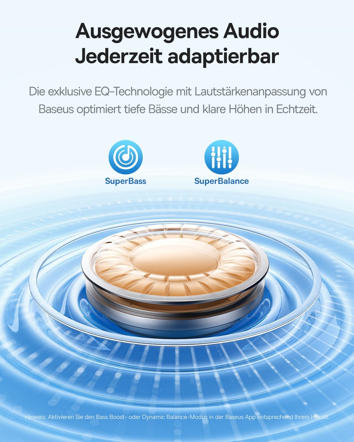 Produktwerbung für Baseus-Audio mit SuperBass- und SuperBalance-Icons über einer Lautsprechermembran auf blauem Grund.
