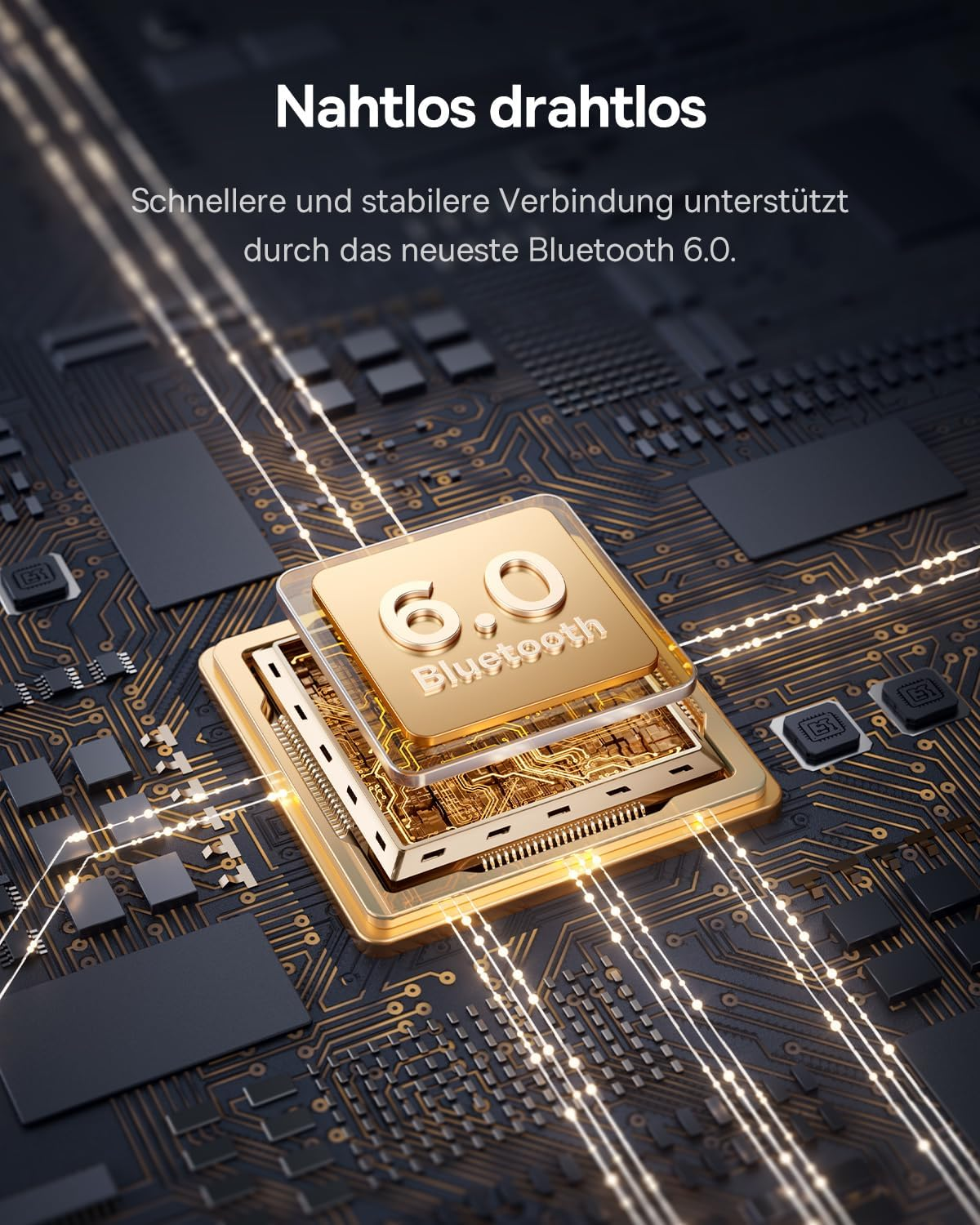 Ein golden leuchtender Mikrochip mit der Aufschrift Bluetooth 6.0 liegt auf einer dunklen Platine.