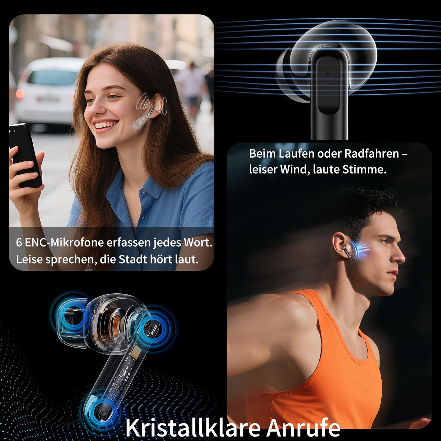 Werbebild für Ohrhörer mit klaren Anrufen, einer Frau im Freien, einem Läufer und technischen Grafiken.