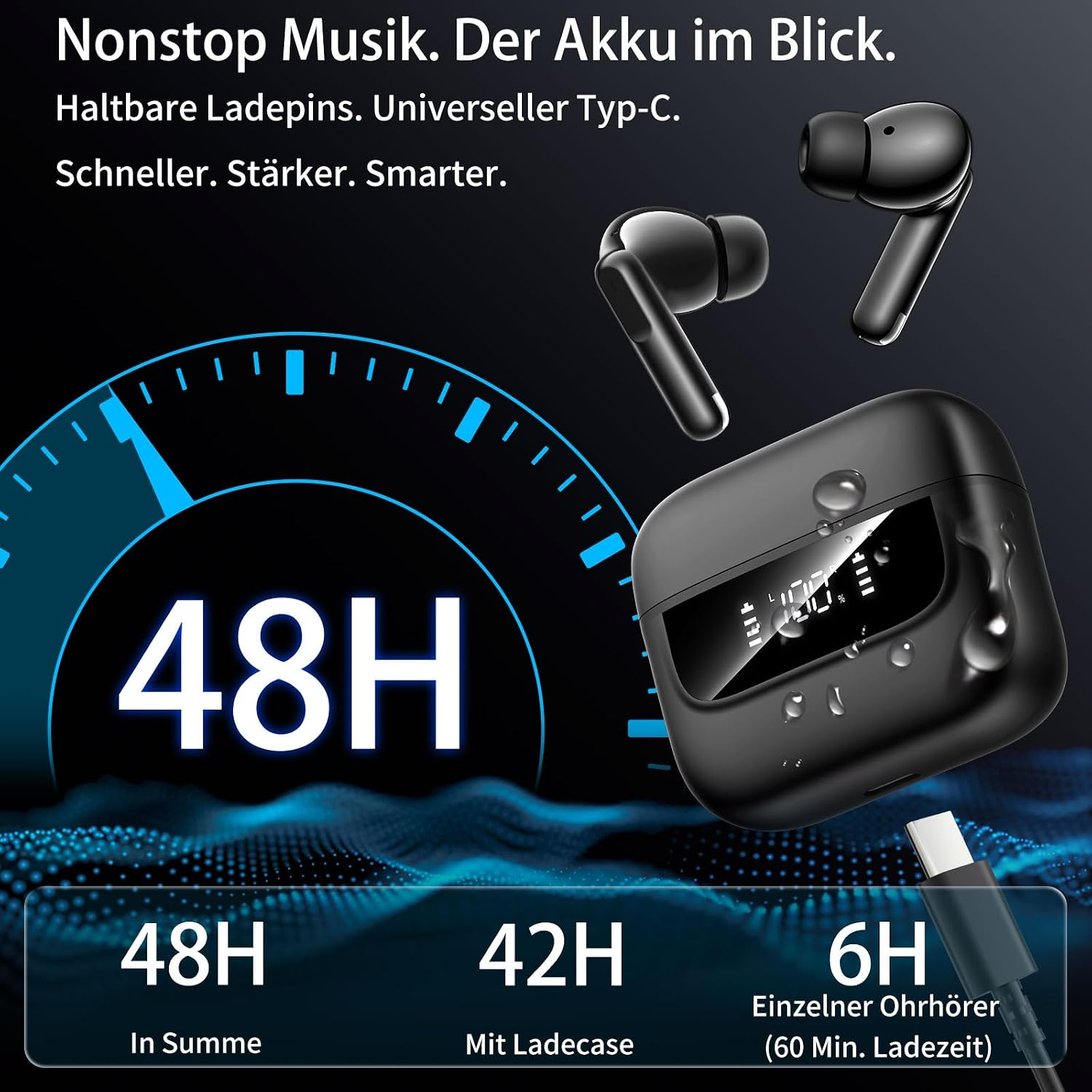 Schwarze kabellose Ohrhörer mit Ladecase, Digitalanzeige und Akku-Infos.