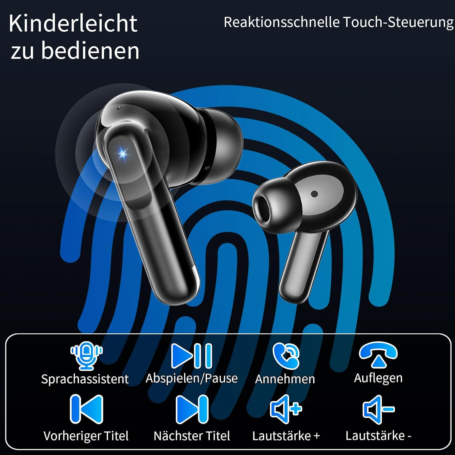 Schwarze kabellose Ohrhörer vor einem blauen Fingerabdrucksymbol mit Symbolen für die Touch-Steuerung.