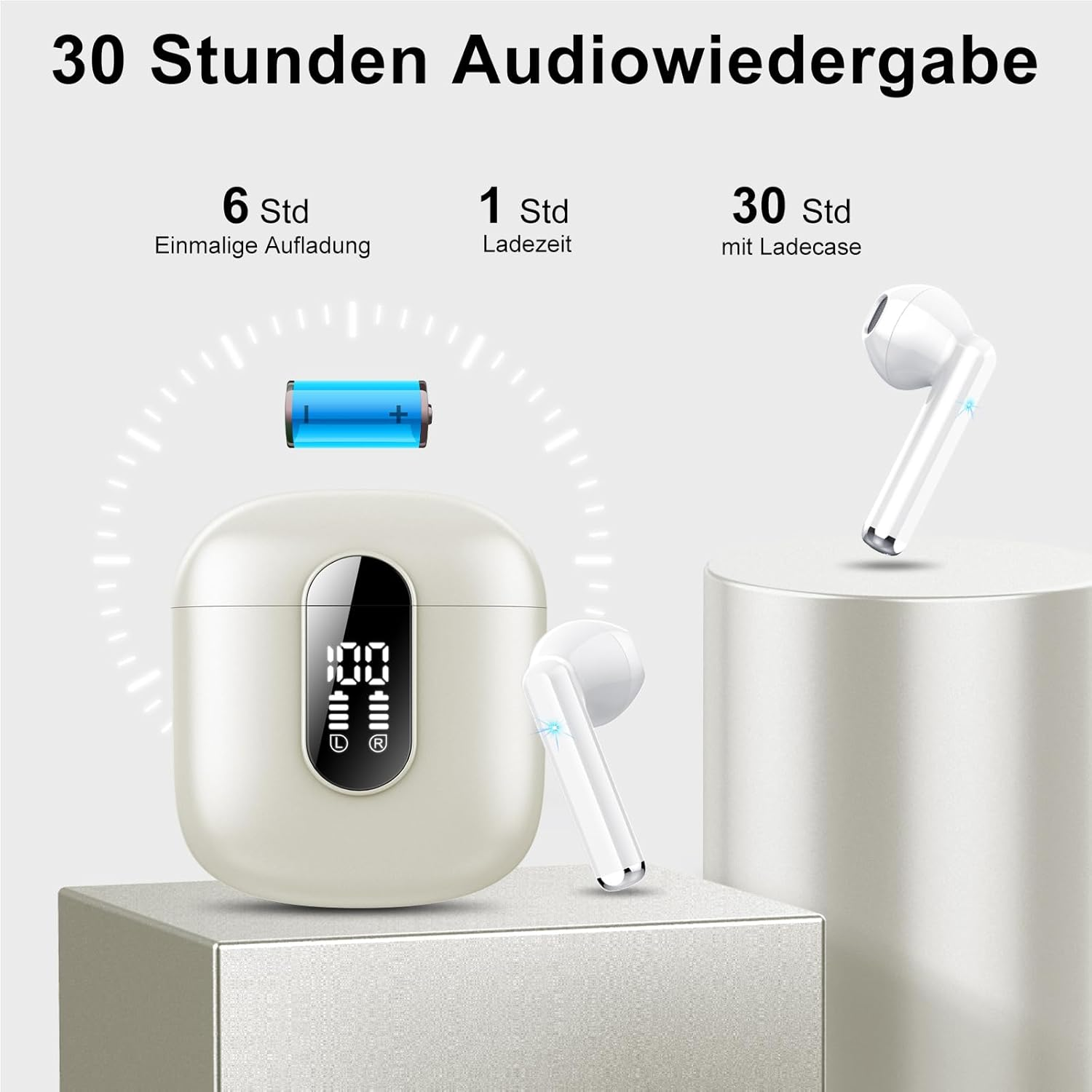 Werbegrafik zeigt weiße kabellose Ohrhörer mit Ladecase und Text über 30 Stunden Audiowiedergabe und Akkulaufzeit.