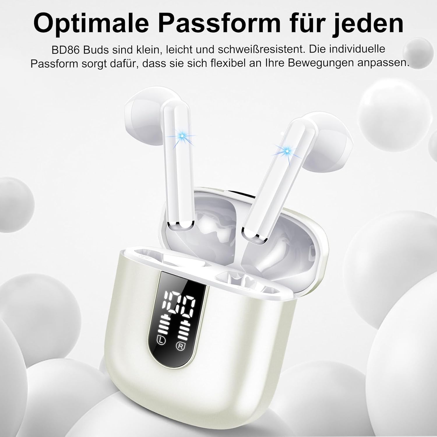 Weiße kabellose Ohrhörer in einer Ladestation mit Digitalanzeige, umgeben von schwebenden weißen Blasen.