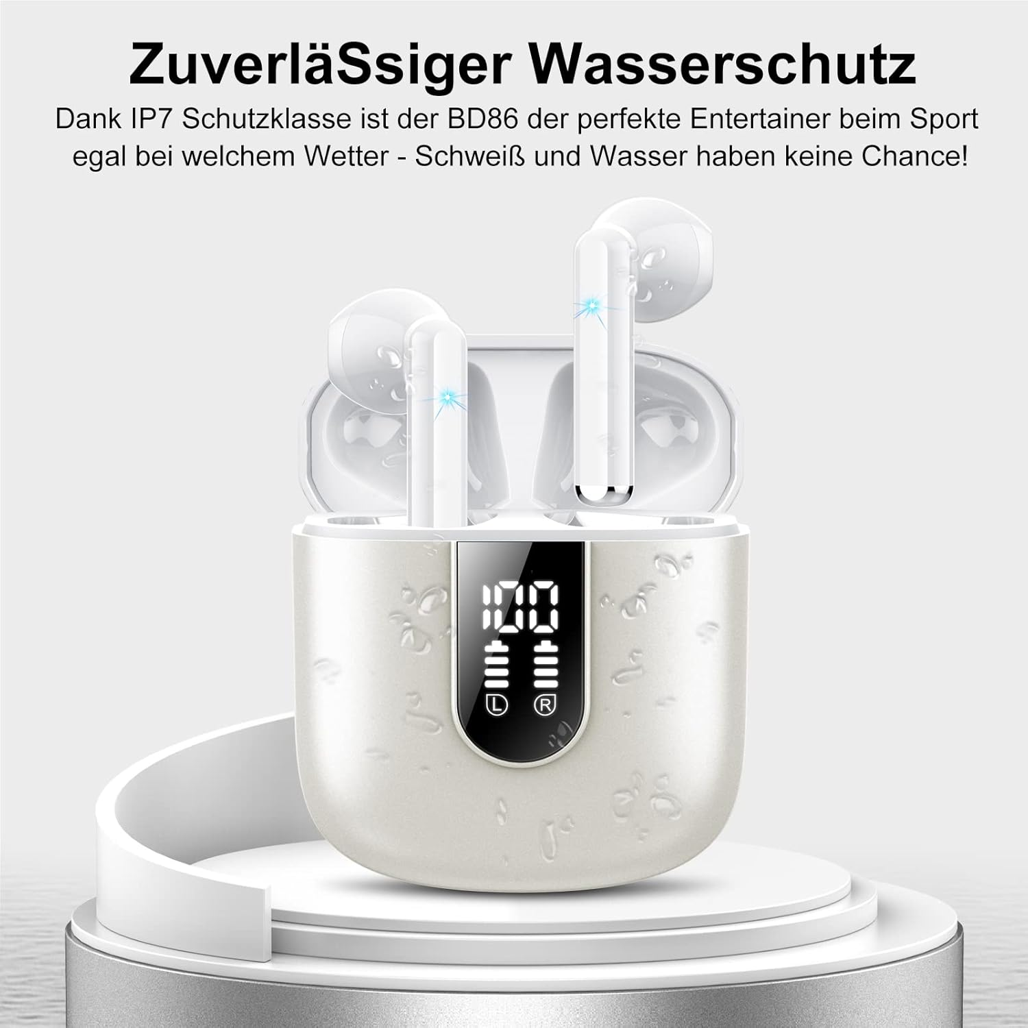 Wasserdichte weiße In-Ear-Kopfhörer in Ladebox mit digitaler Batterieanzeige.