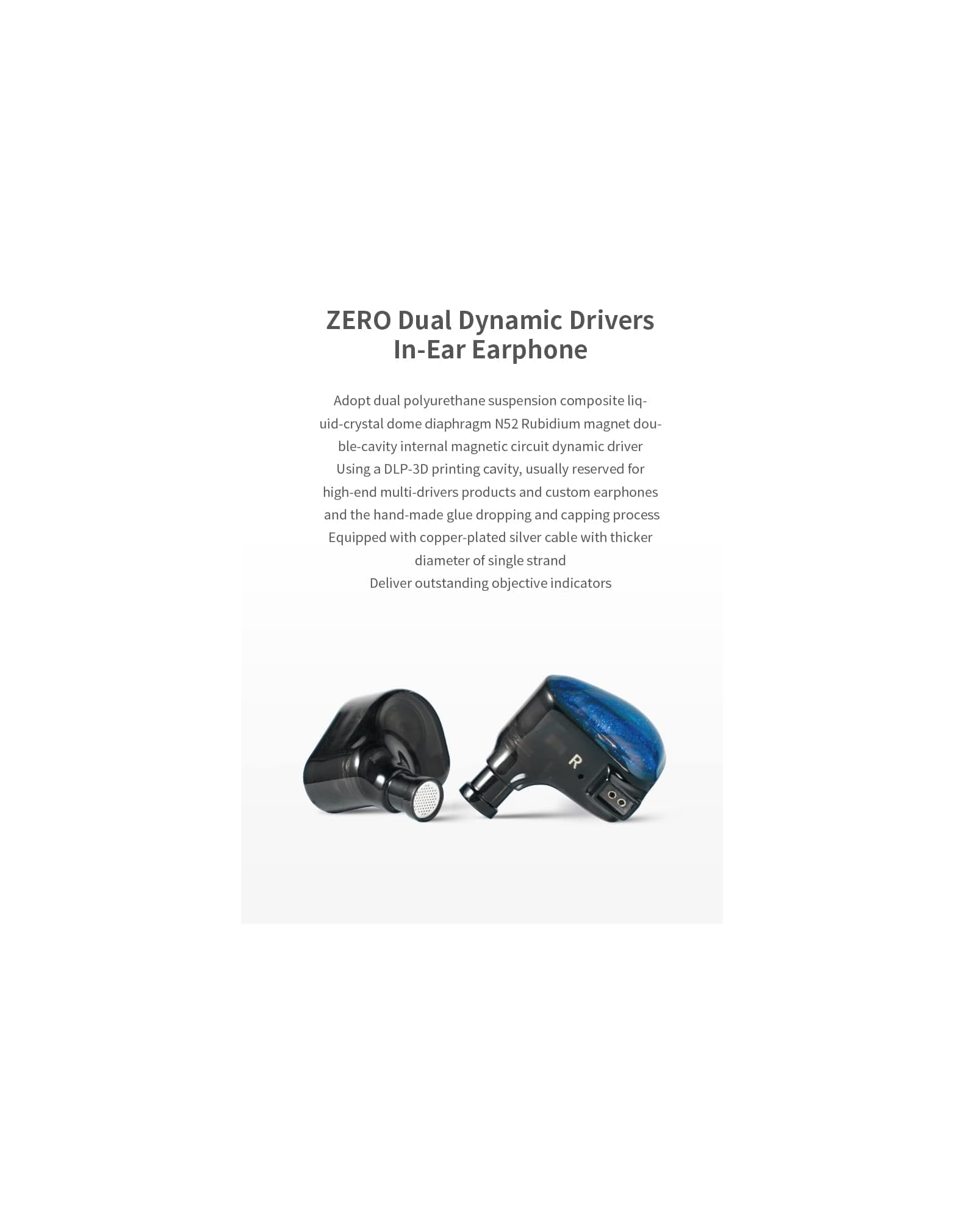 Produktwerbung für ZERO Dual Dynamic Drivers In-Ear-Ohrhörer mit Textbeschreibung und Produktbild.