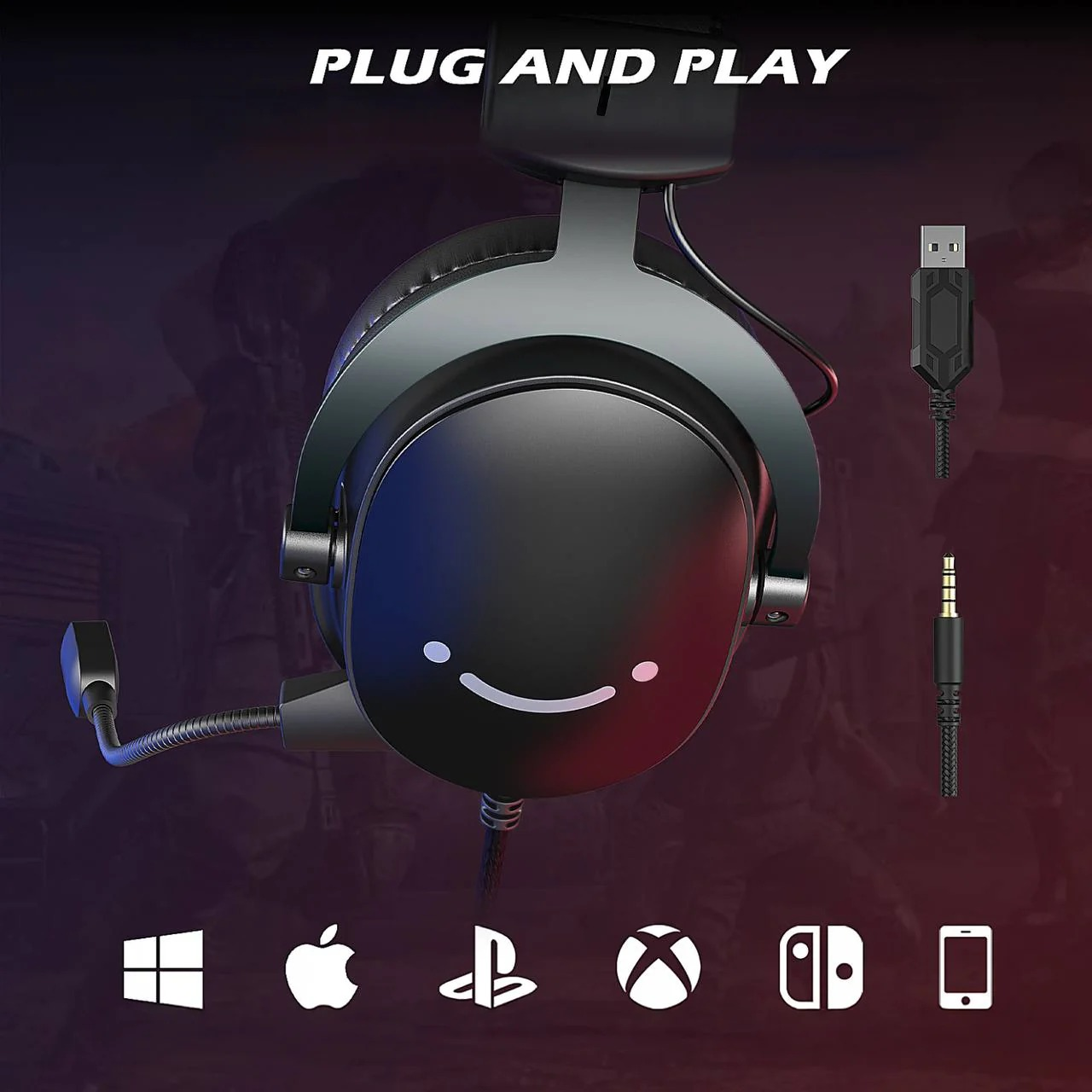 Cuffie da gioco nere con faccia sorridente, microfono, USB e jack audio per varie piattaforme.