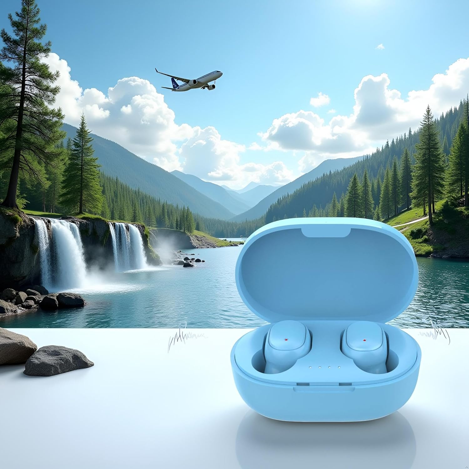 Blaue Ohrstöpsel in Ladebox vor einer Landschaft mit Wasserfall, Fluss, Bergen und einem Flugzeug am Himmel.