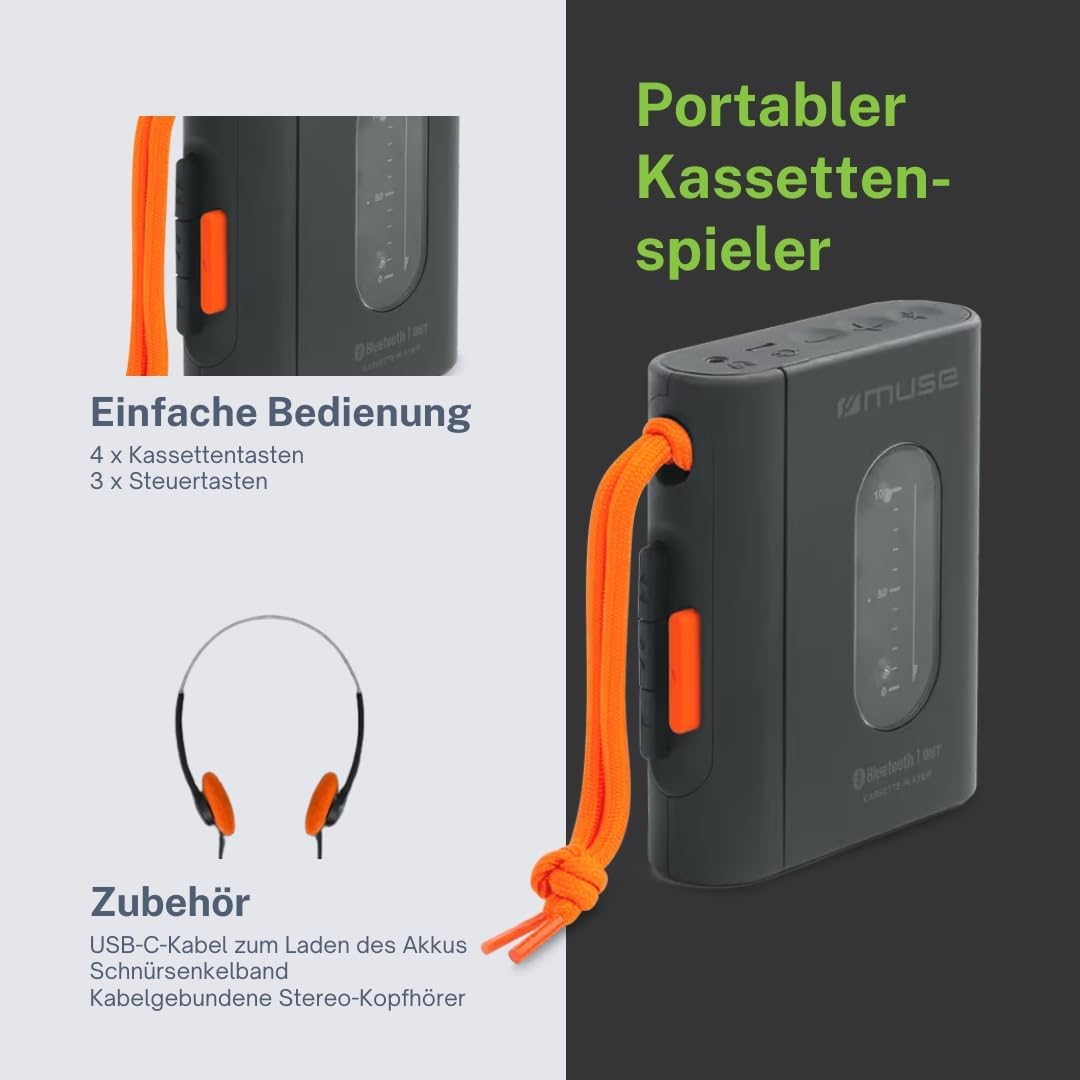 Tragbarer Kassettenplayer mit orangefarbener Schlaufe, Kopfhörern und Zubehörbeschreibungen auf Deutsch.