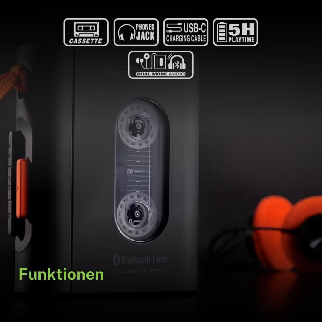 Schwarzer Kassettenplayer mit orangefarbenen Akzenten und Icons für Funktionen oben.