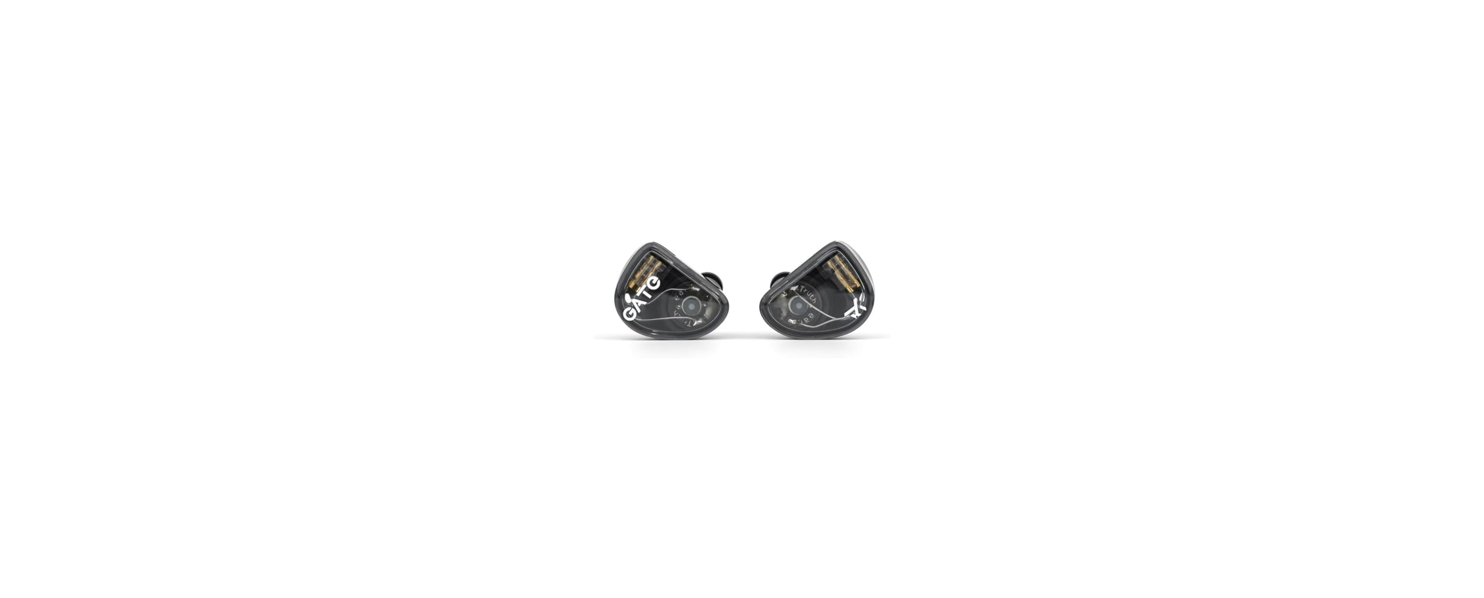 Zwei schwarze, transparente In-Ear-Kopfhörer mit sichtbaren internen Komponenten auf weißem Hintergrund.