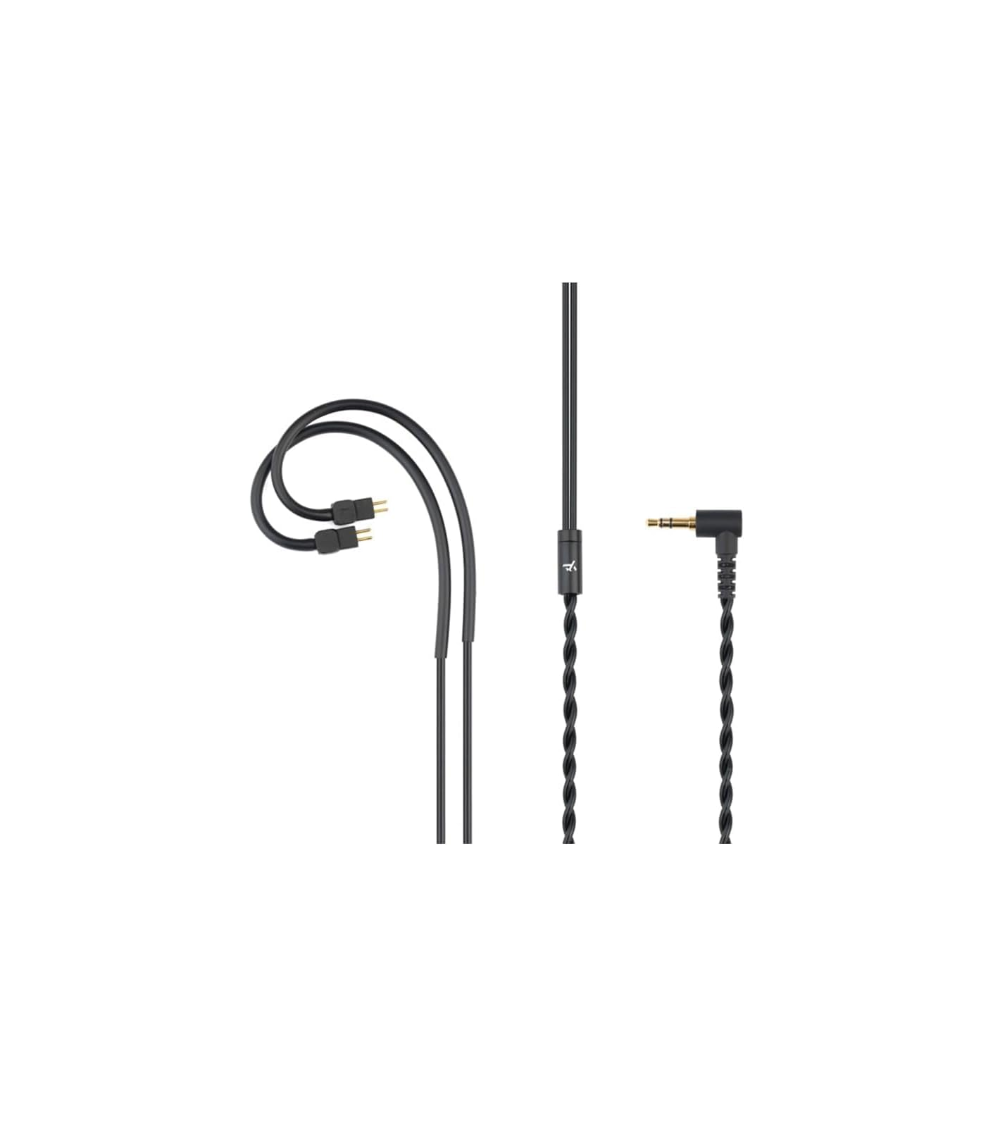 Schwarzes Audiokabel mit zwei Klinkensteckern und Stecker auf weißem Hintergrund.