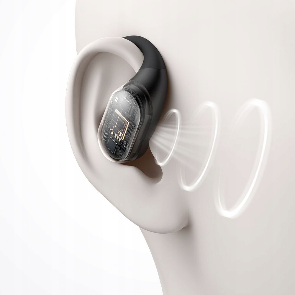 Un auricolare nero con custodia trasparente è indossato su un orecchio, emettendo onde sonore.