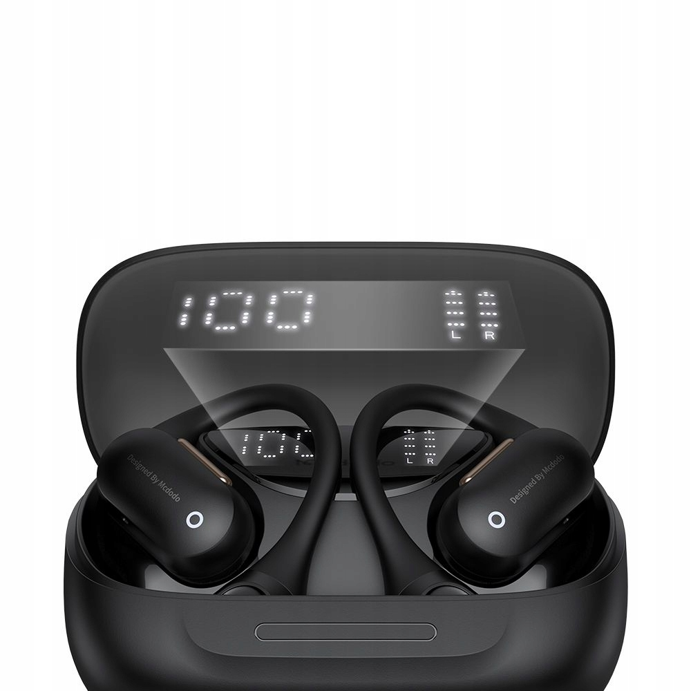 Auricolari wireless neri in una custodia di ricarica con display LED digitale che mostra il 100%.