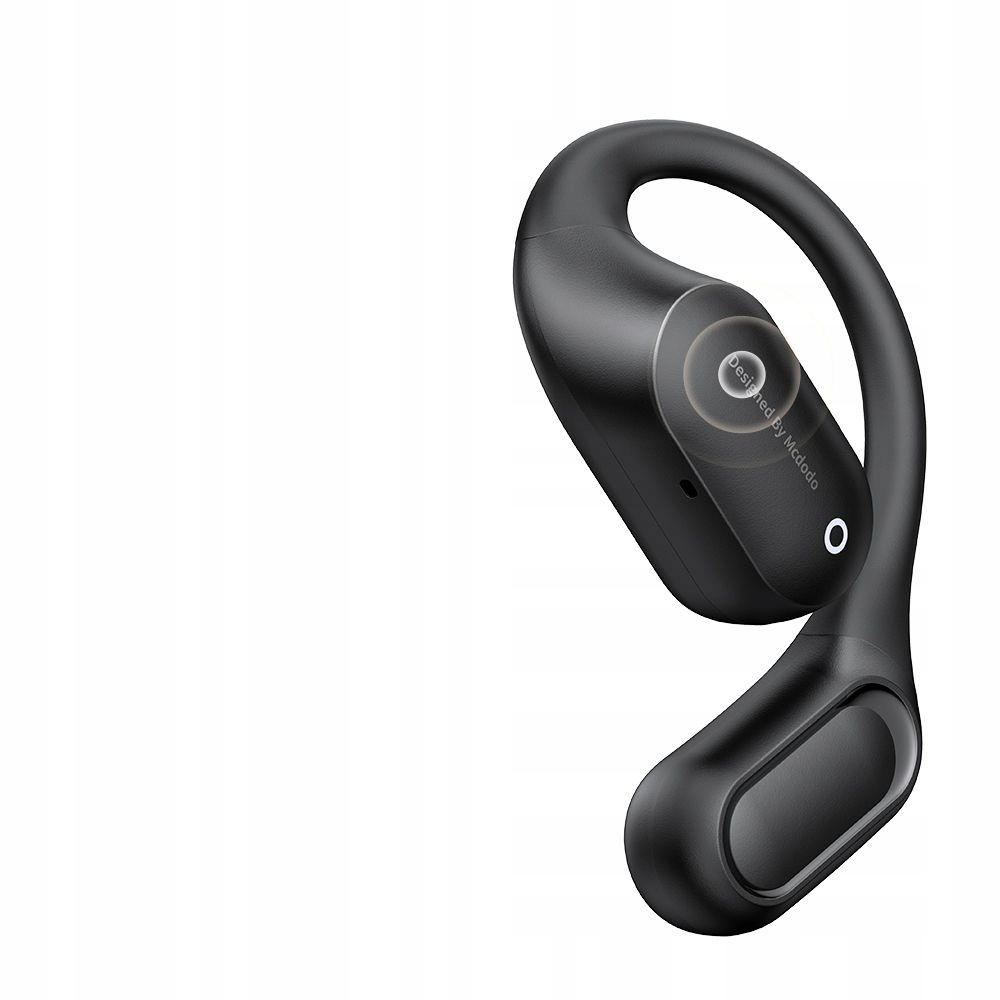 Un auricolare wireless nero con gancio per l'orecchio su sfondo bianco.