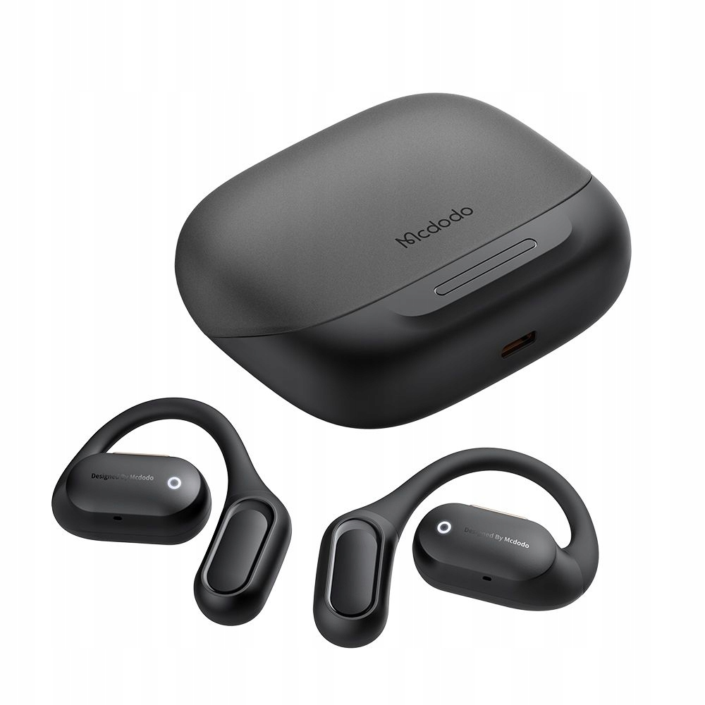 Auricolari wireless Mcdodo neri open-ear con custodia di ricarica arrotondata su sfondo bianco.